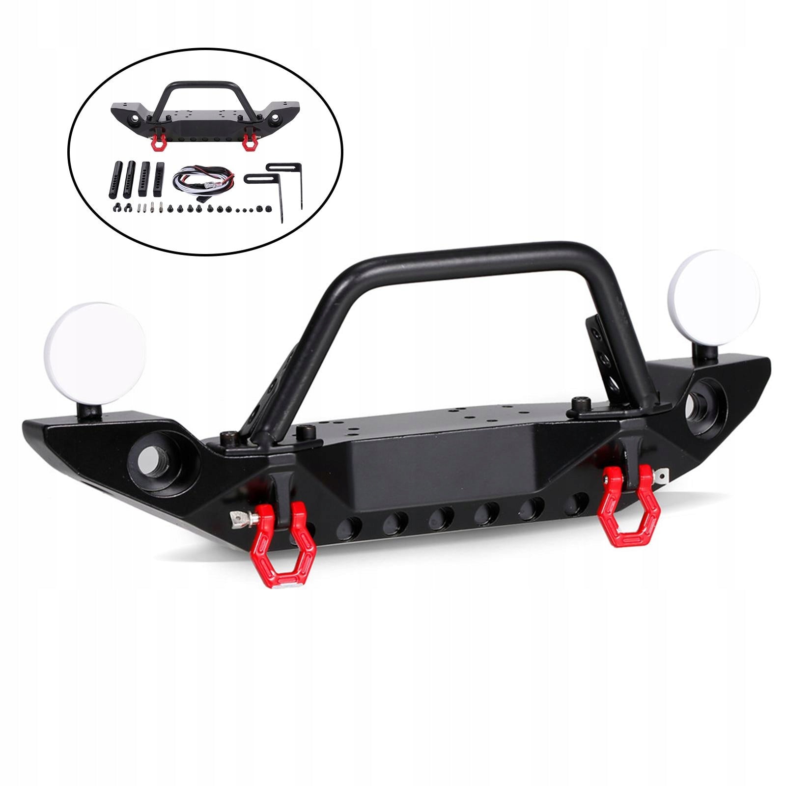 1/10 RC Metal Front Bumper & 2 LED Lights Set for Color black