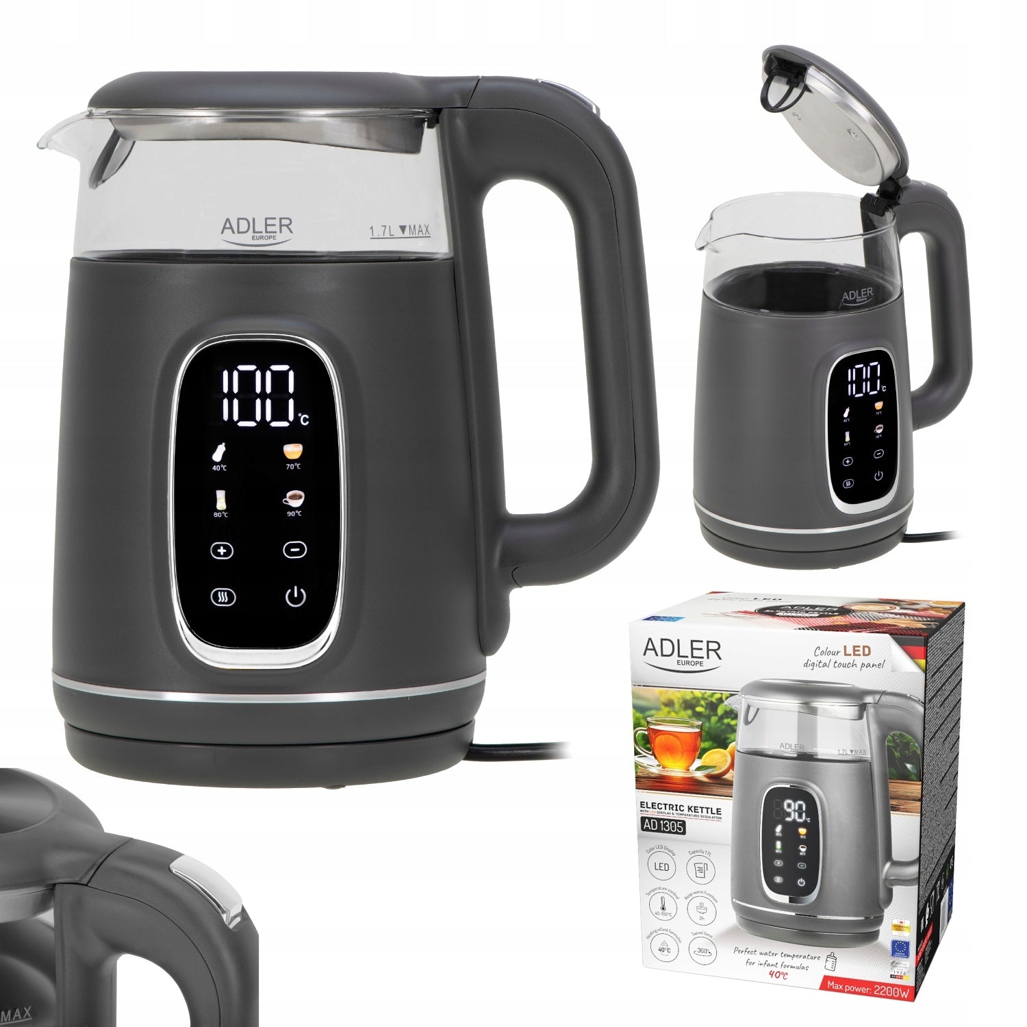 1,7L Electric Kettle with Temp Adjustment 40-100 Degree LED Milk Modifier