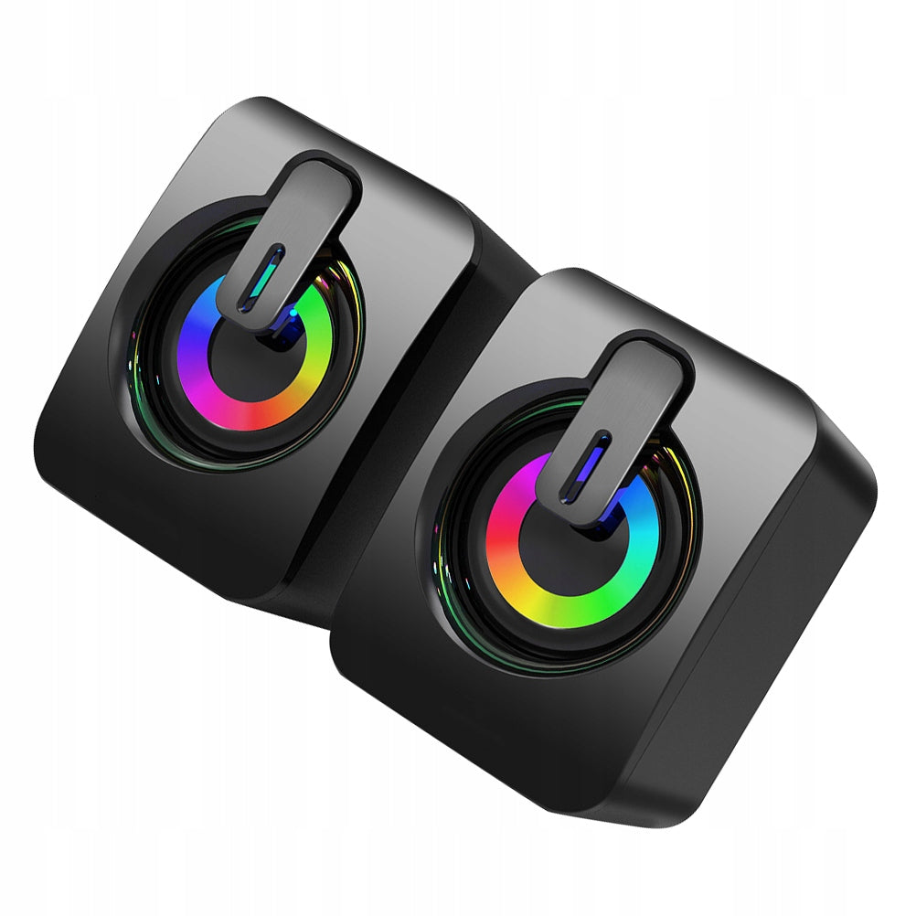 1 PAIR OF BLACK USB COMPUTER SPEAKERS WITH SUBWOOFER AND DECORATION