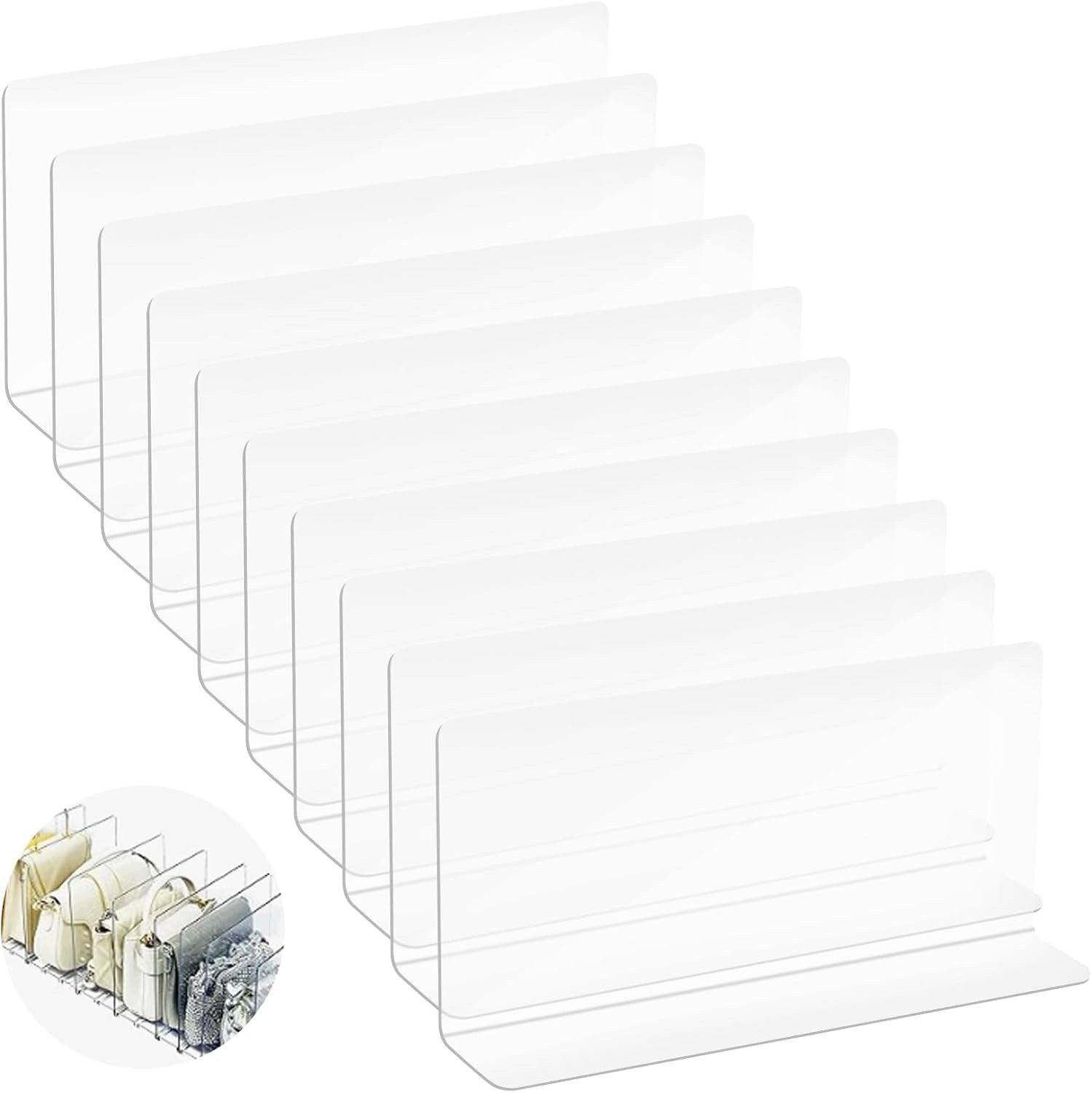 10 CLEAR ACRYLIC SHELVING SEPARATORS FOR CABINETS AND SHELVES