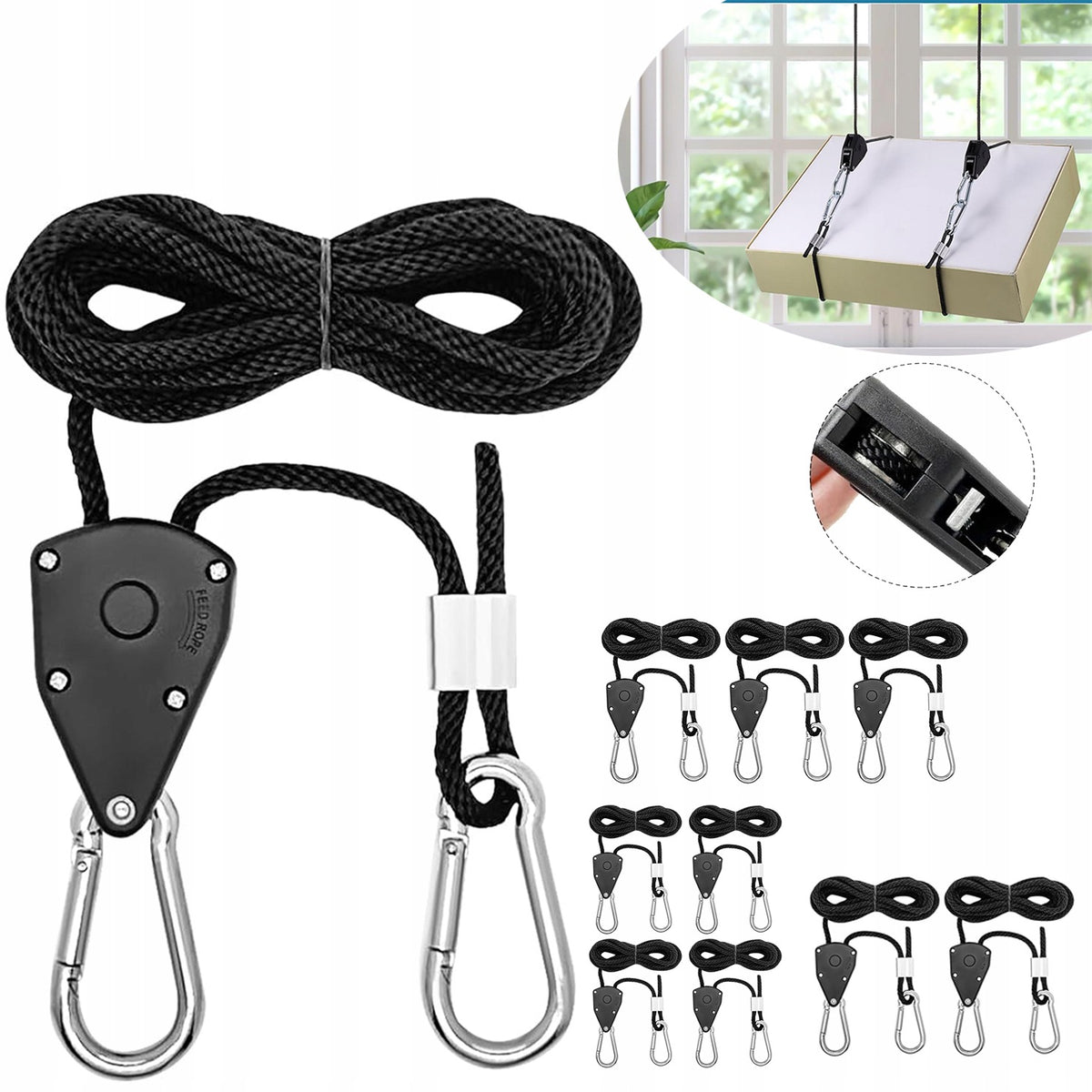 10 PCS ADJUSTABLE ROPE HANGER, RATCHET PULLEY, ROPE WITH HOOK