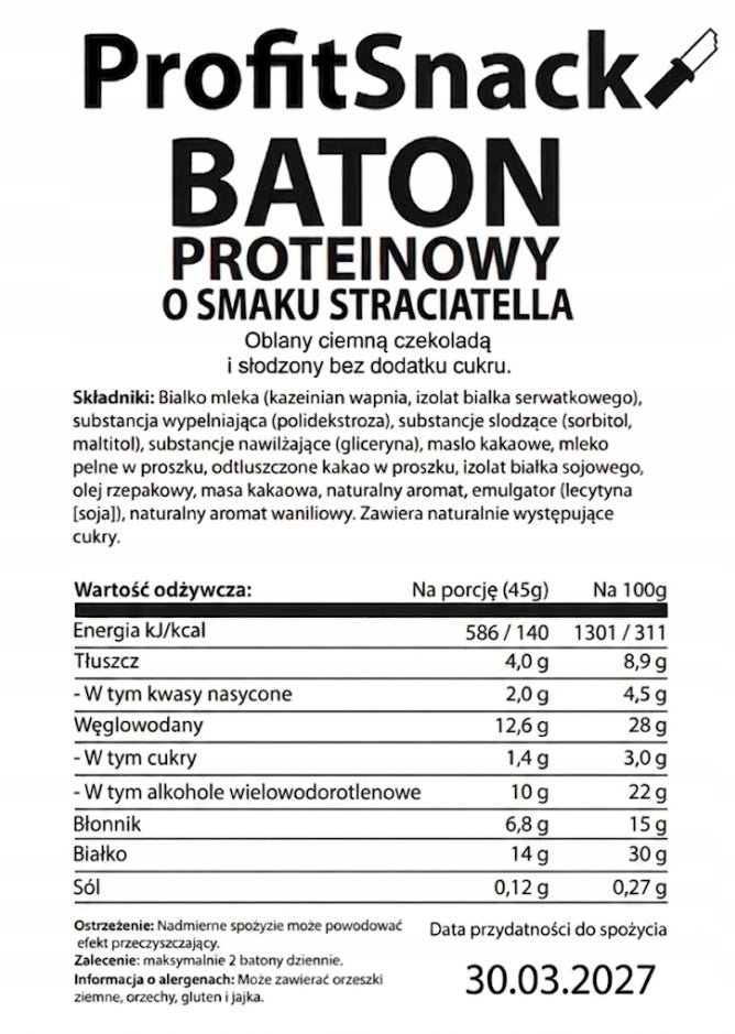 (10 Pcs) ProfitSnack Straciatella Protein Bar 30% Protein Packaging status original