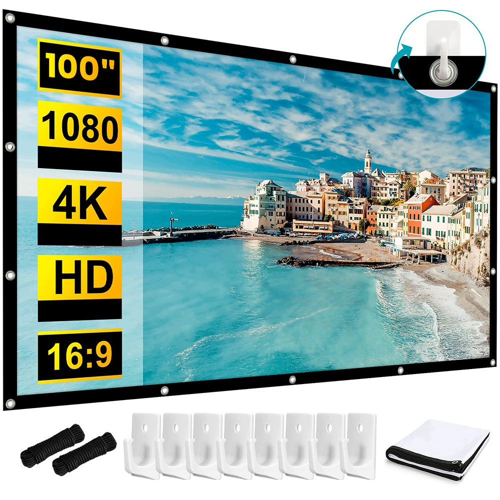 100 Inch Projection Screen Retractable,Portable,16:9,HD PORTABLE+HOOK AND ROPES Model fogkbd7