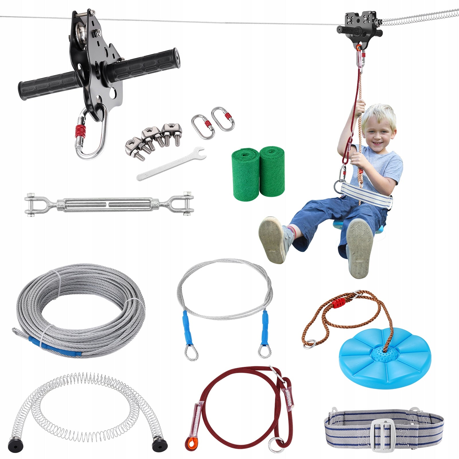 100 ft Zipline Kit Kids Adult 330 lb Backyard Stainless Steel Safety