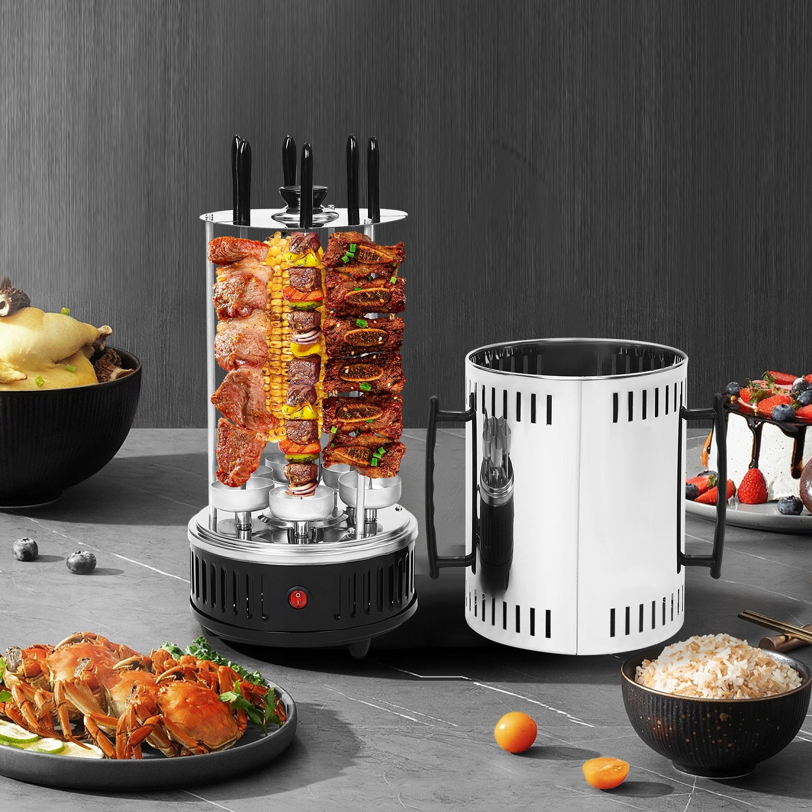 1000W VERTICAL ELECTRIC ROTISSERIE GRILL 6 SKEWER & OIL DRIP PAN Power rating 1000 W