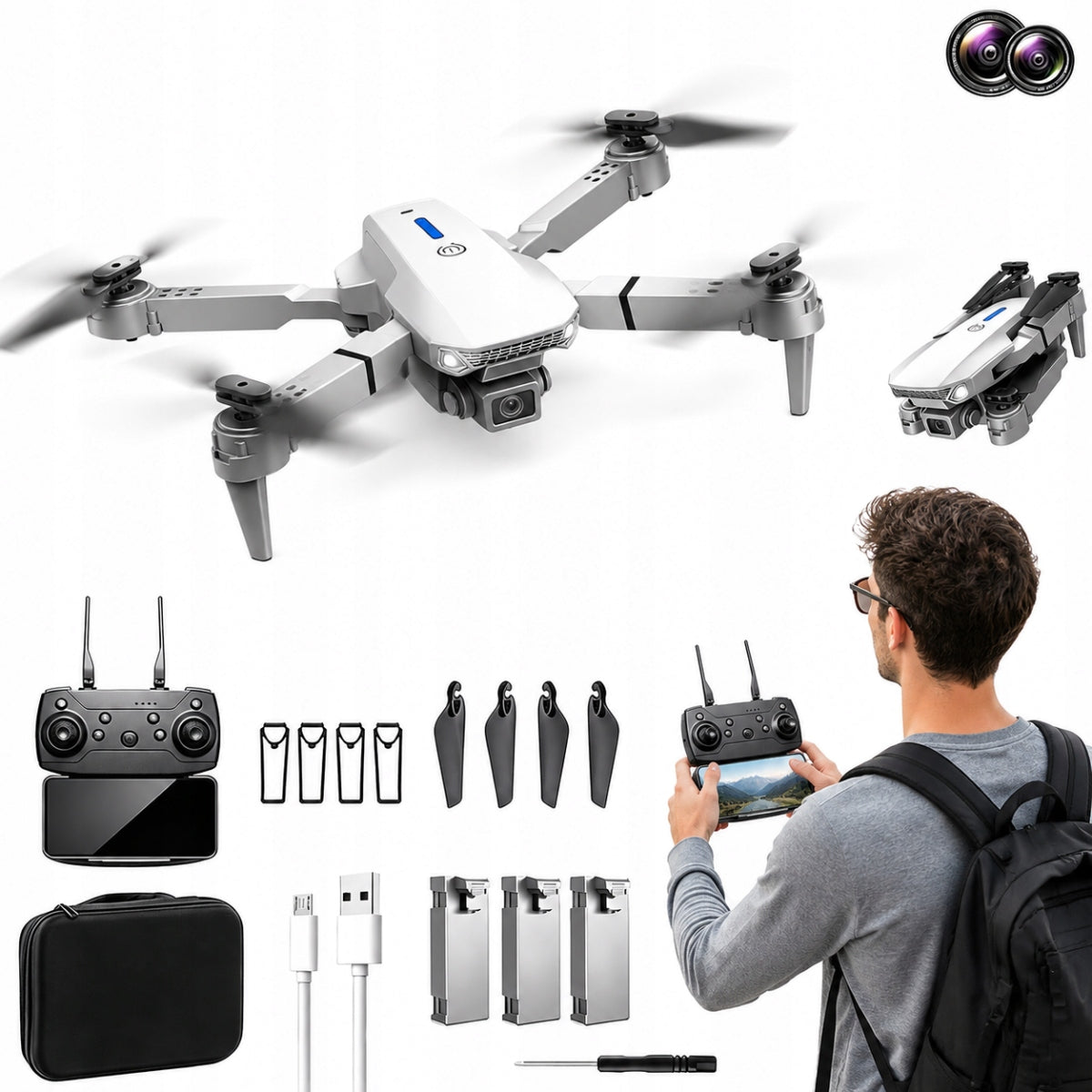 1080P DRONE WITH TWO CAMERAS AND 3X BATTERY – 100M RANGE, GESTURES, 3D FLIP