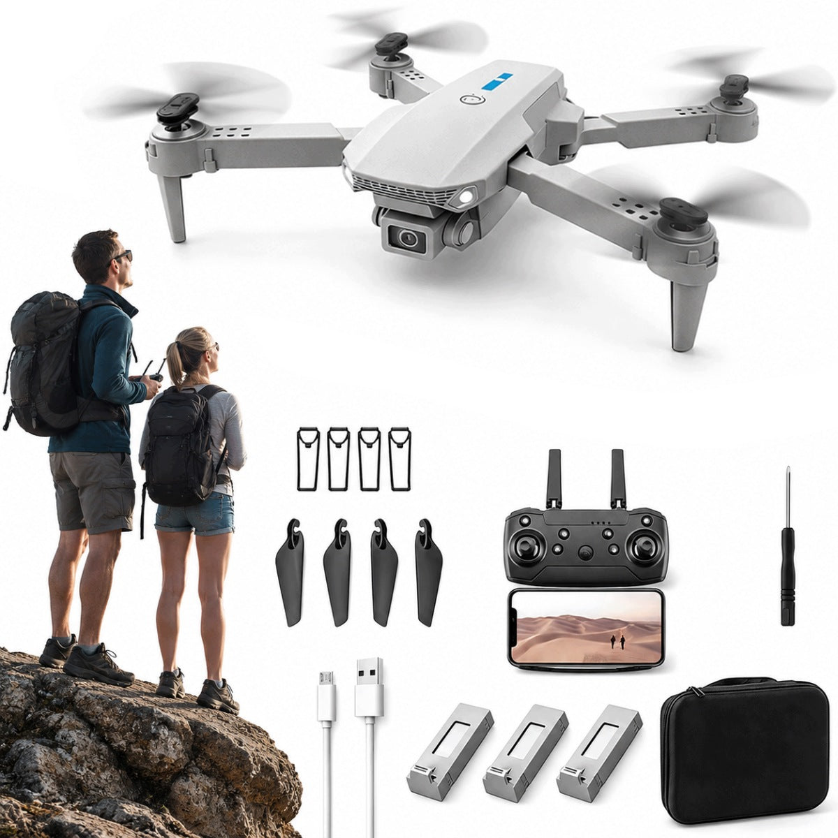 1080P DRONE WITH TWO CAMERAS AND 3X BATTERY – 100M RANGE, GESTURES, 3D FLIP
