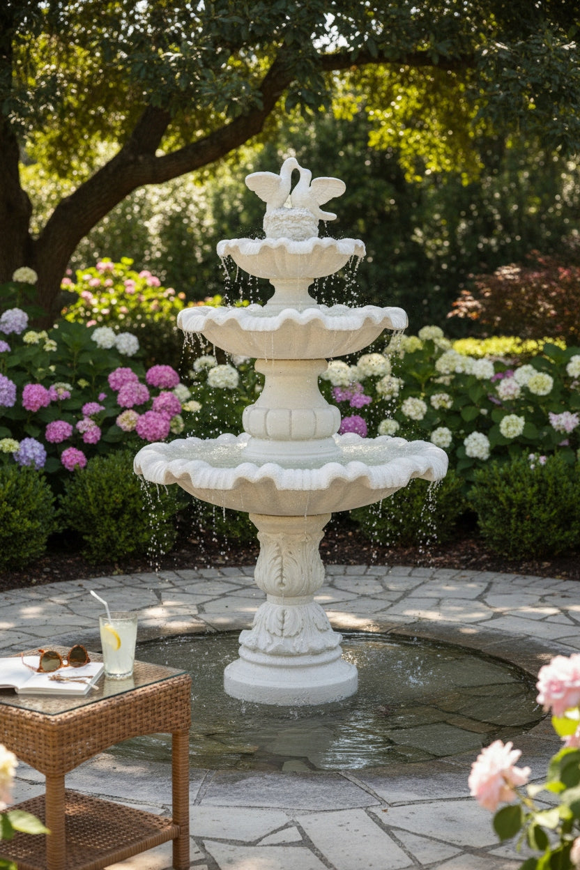 1105 Three-level garden fountain with conglomerate lovebirds, concrete