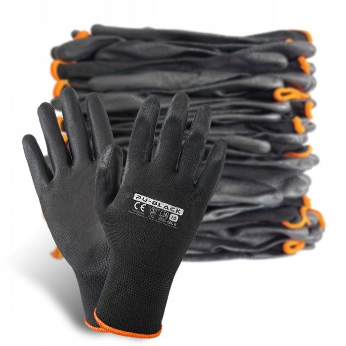 12 PAIRS Work Gloves Black Polyurethane Coated Gloves r.10-XL