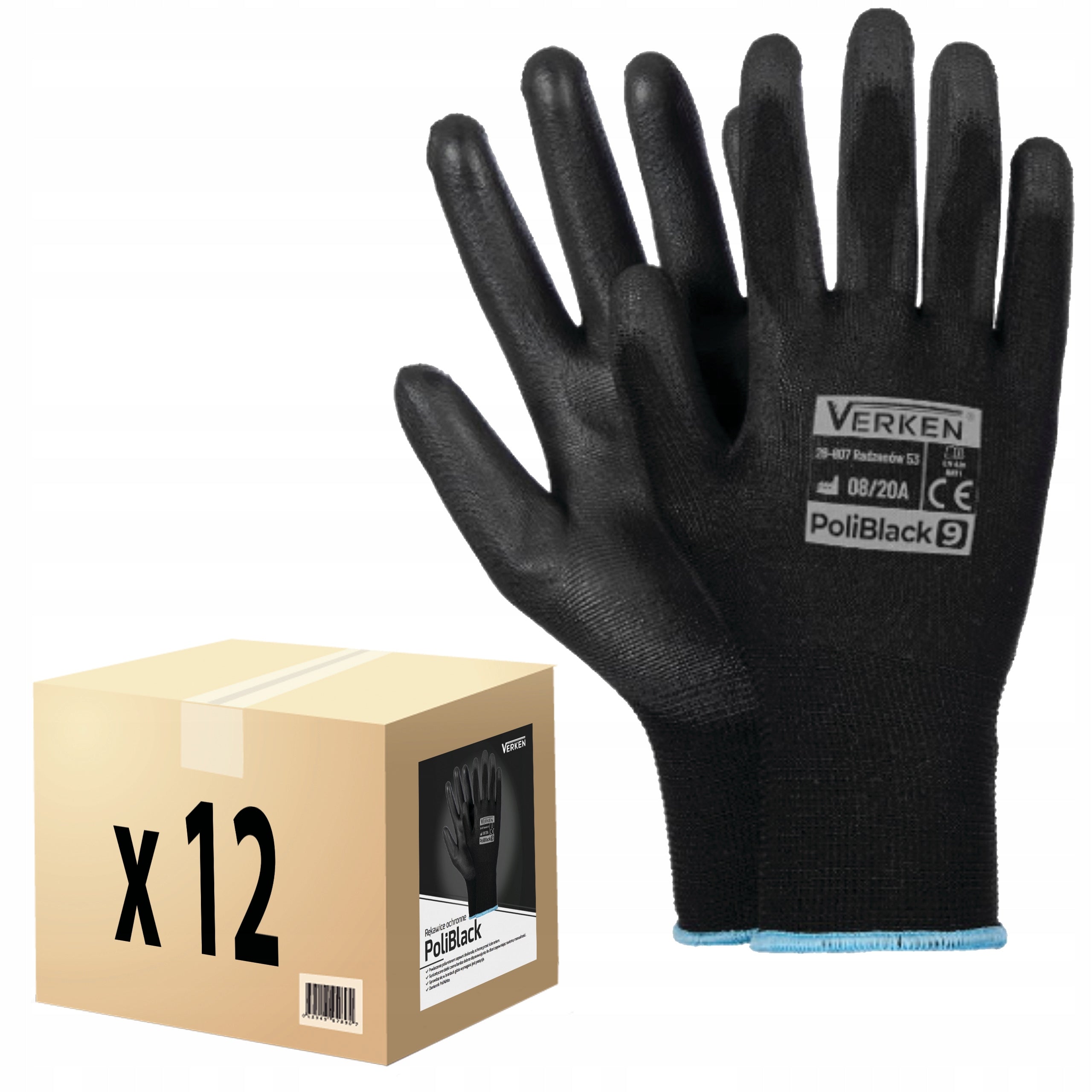 12 Pairs Work Gloves COATED BLACK BHP Polyurethane M x12
