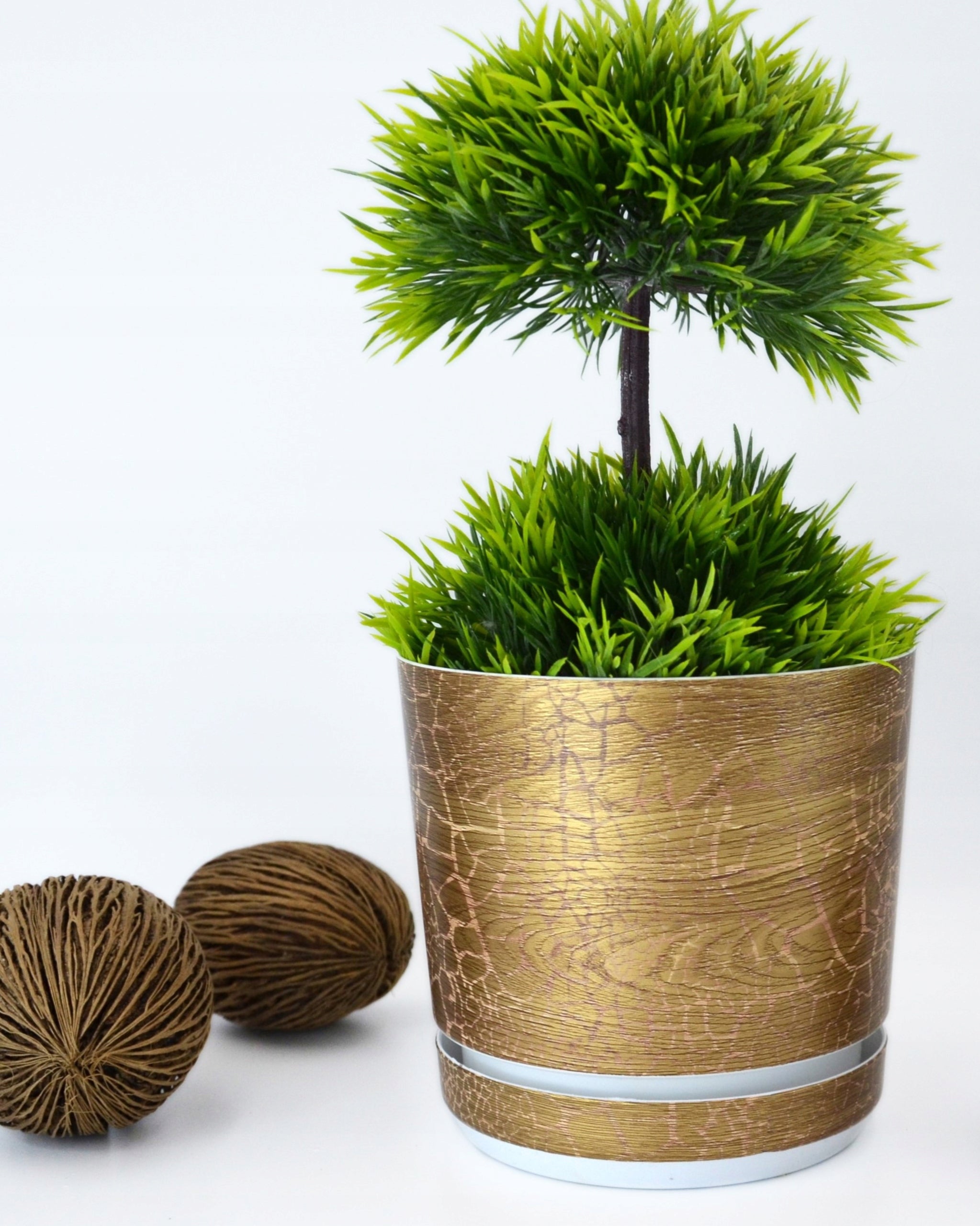 12 Ø Safari WOOD flowerpot with stand, unusual texture, gold, white board