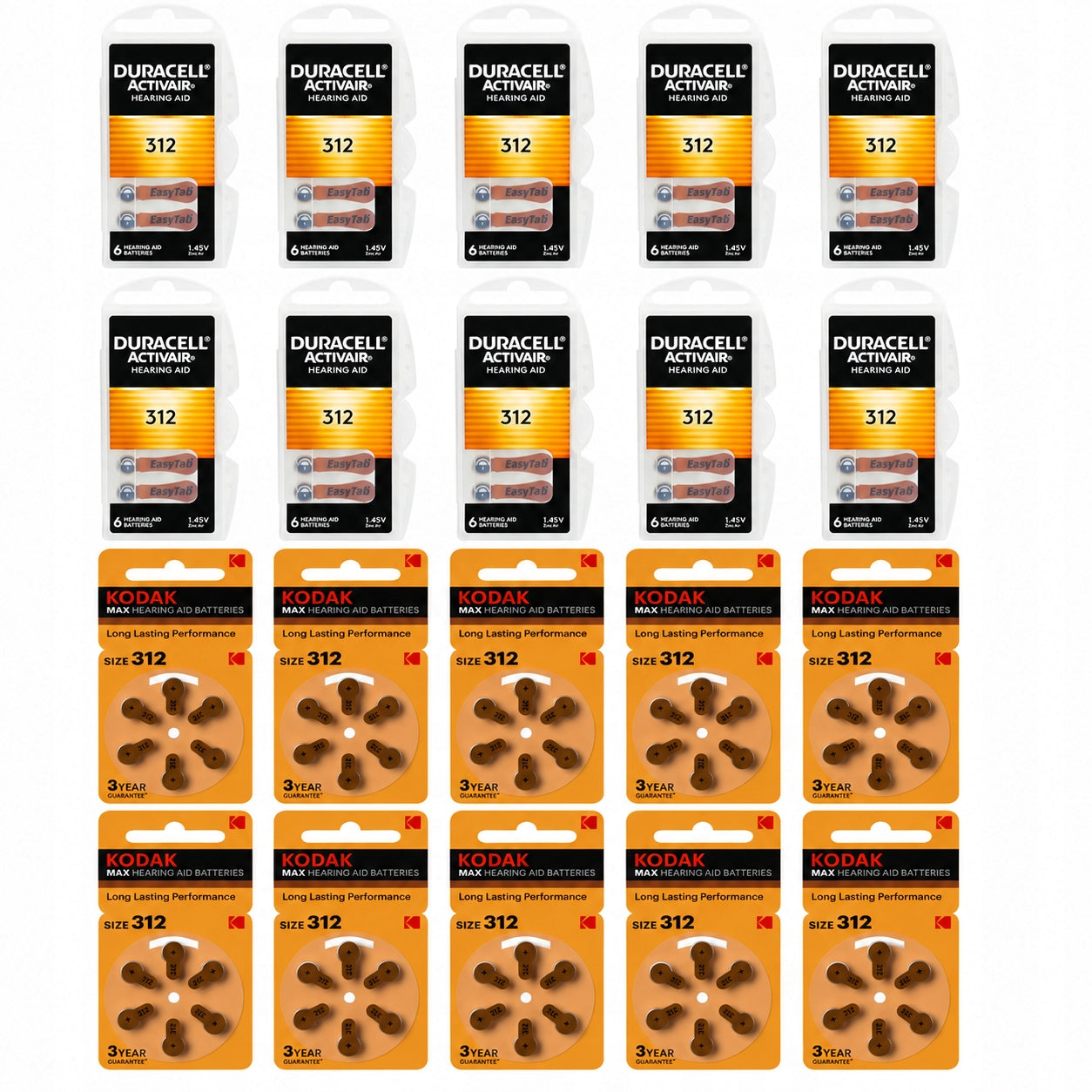 120x Hearing Aid Battery Pack 60xDuracell 312 + 60xKodak 312