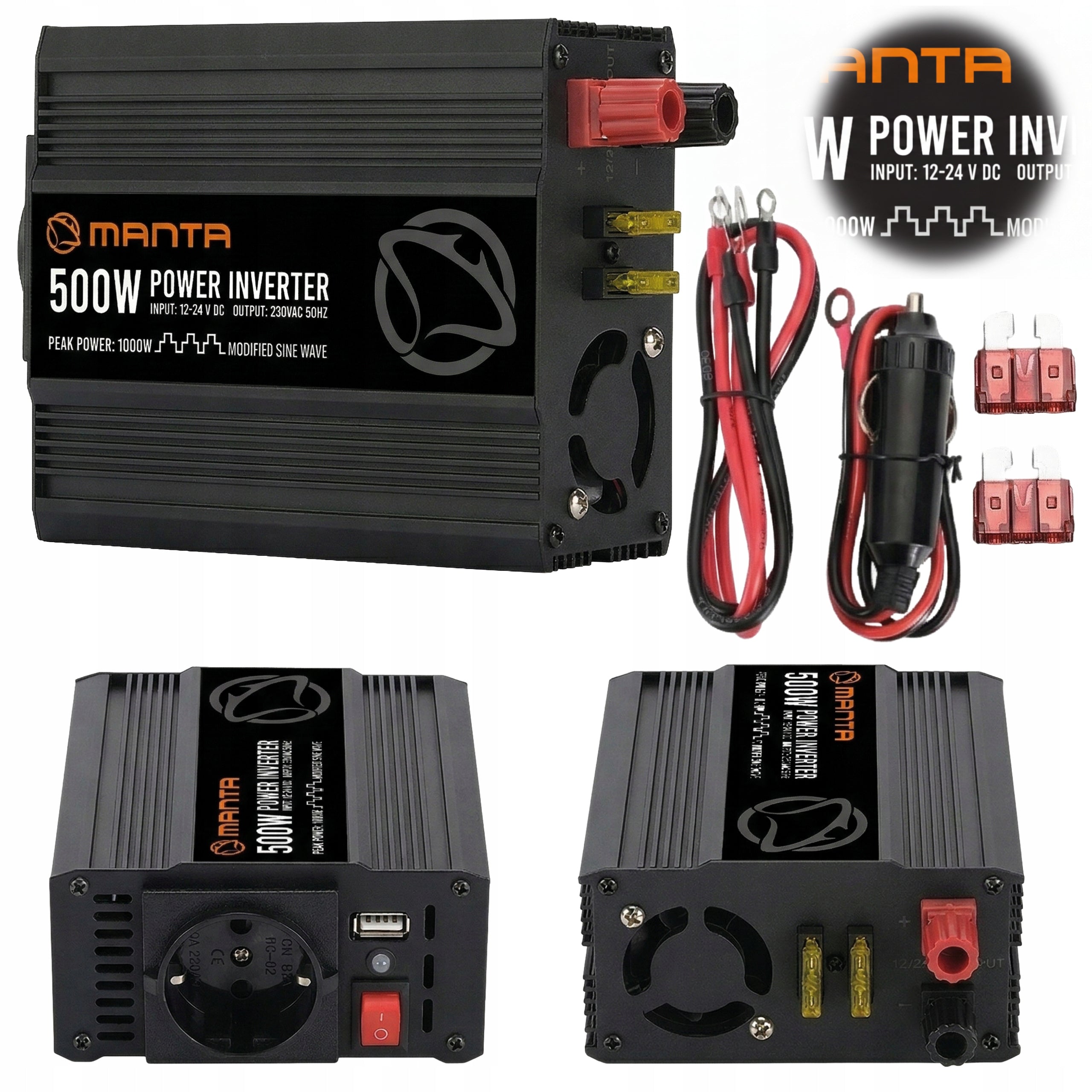 12V 24V 230V CAR INVERTER 1000 500W USB MPI500M