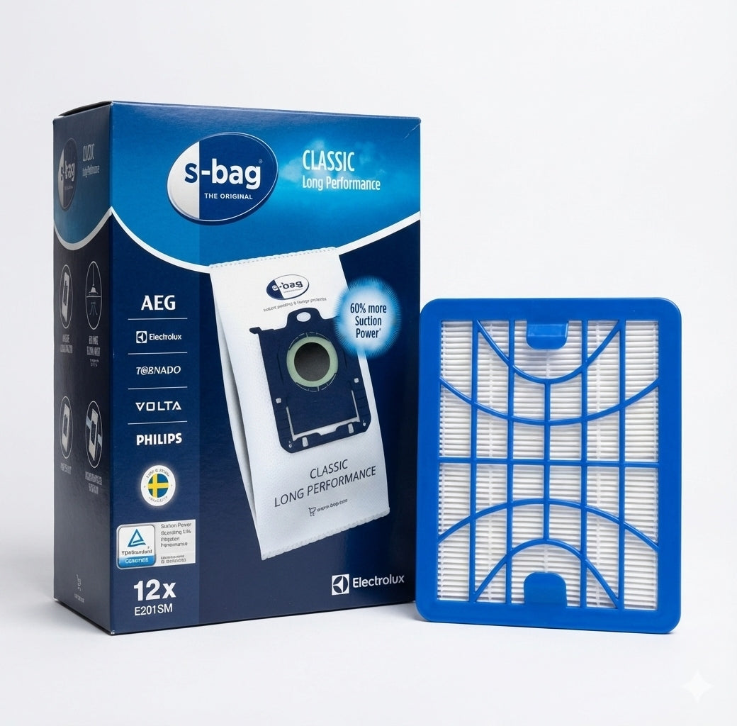 12×Vacuum cleaner bags Electrolux E201SM / S-BAG + HEPA filter Packaging status original