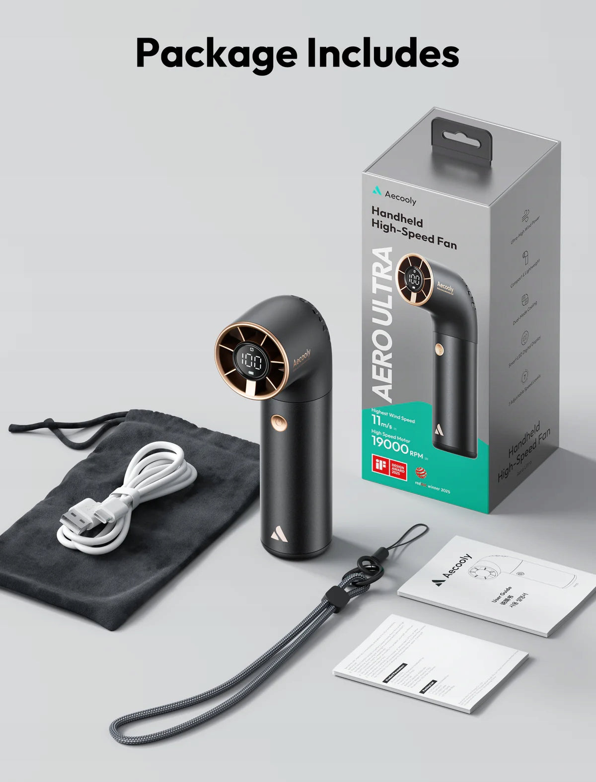 Rankinis ventiliatorius Aecooly Aero Ultra, 4500 mAh, USB-C, 7 greičiai, Turbo, 11 m/s