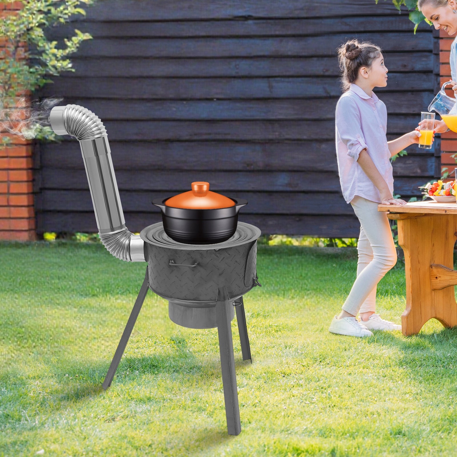 16.9 in Camping Wood Stove, Multifunction Wood Burning Stove 3 Wok Rings Packaging status original