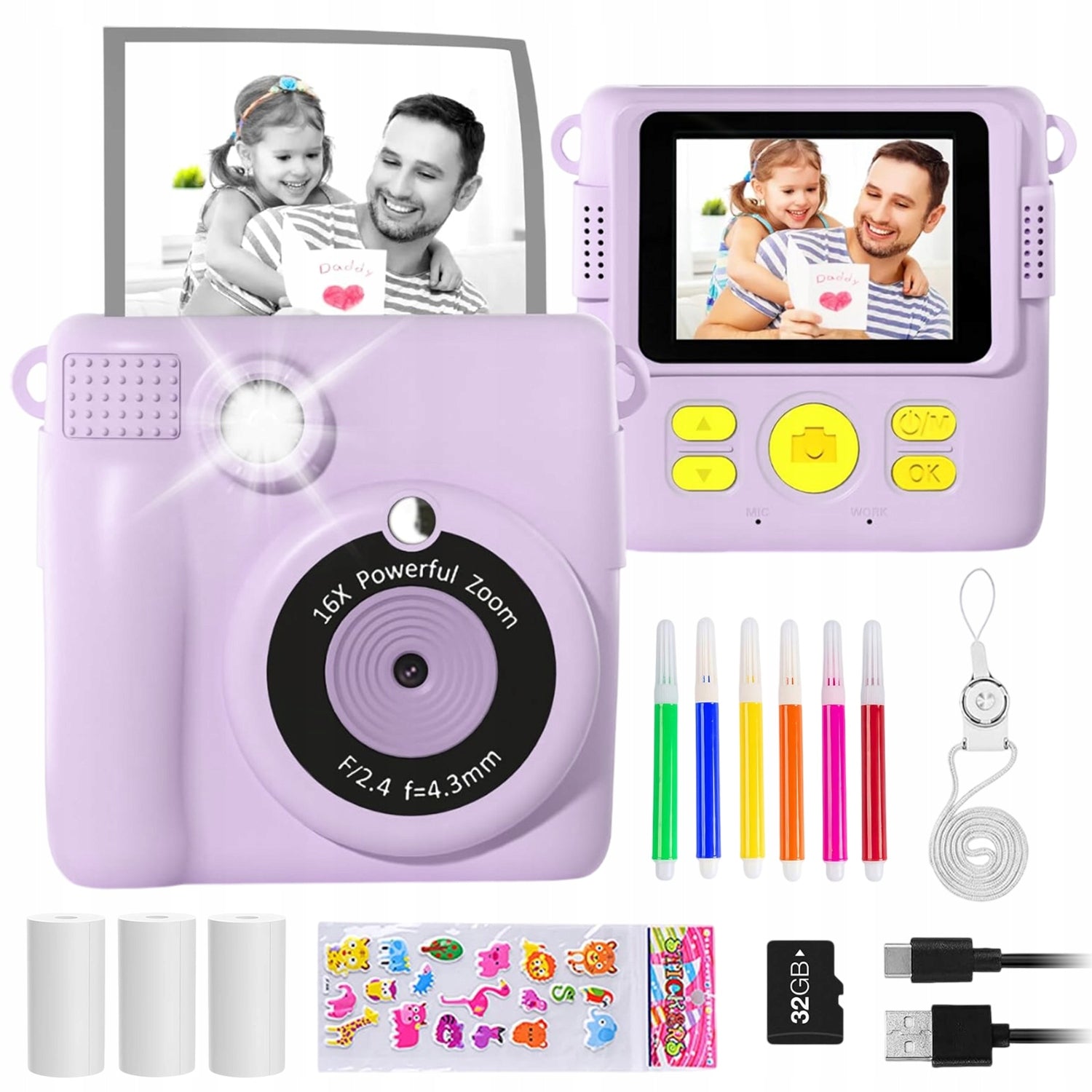 16X CAMERA WITH THERMAL PRINTER FOR KIDS CLEAR IMAGE IPS SCREEN 2,4 INCH