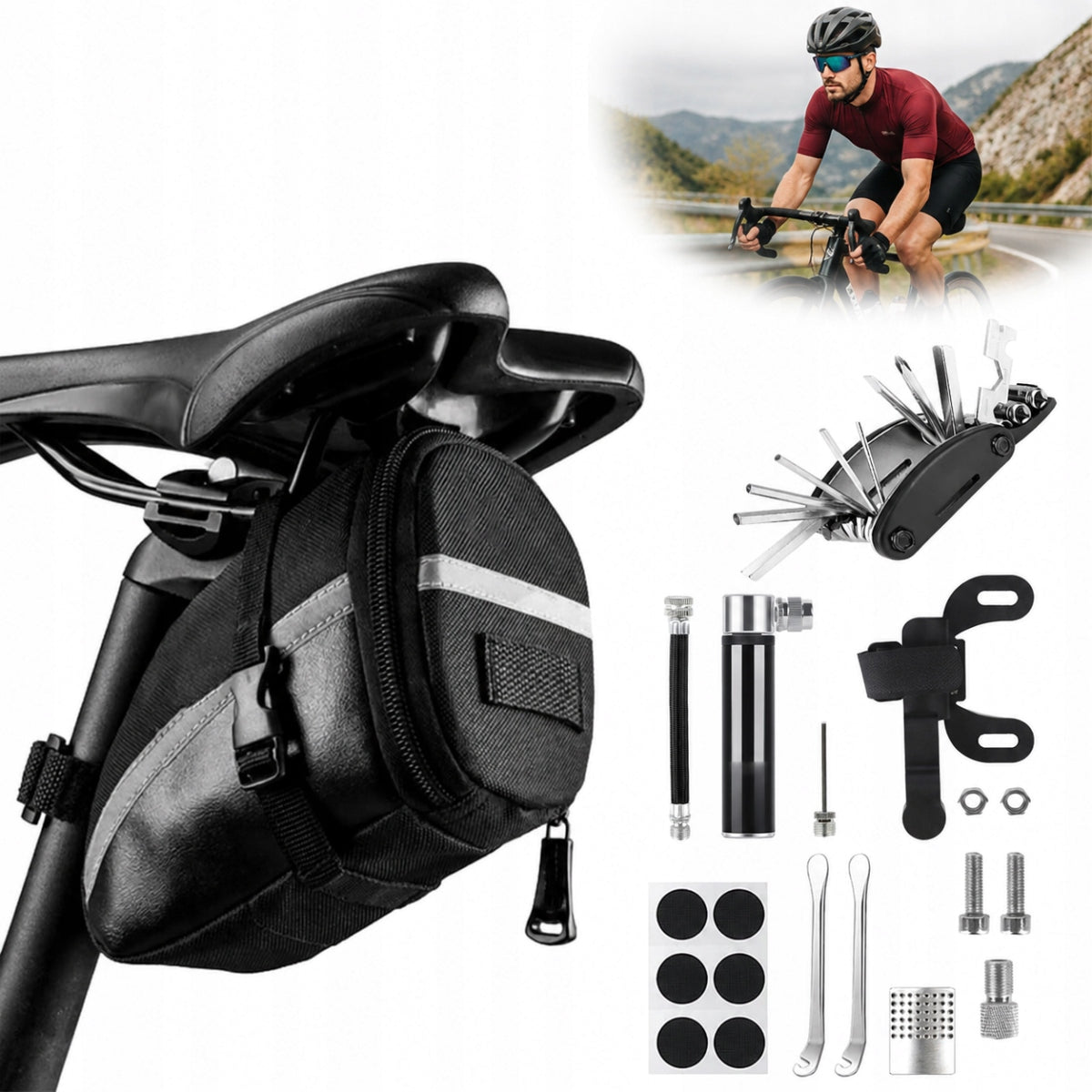 16in1 MTB MULTITOOL BICYCLE REPAIR KIT PUMP PATCH SERVICE BAG