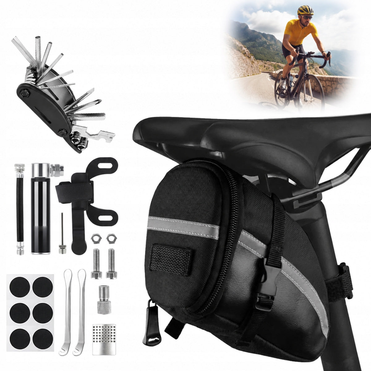 16in1 MULTITOOL BICYCLE TOOL SET SERVICE PUMP PATCH BAG