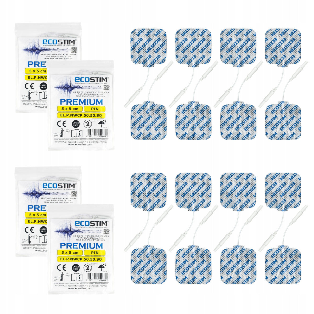 16x Medical Gel Electrodes Self-Adhesive TENS 5x5cm PIN PREMIUM MULTIPACK