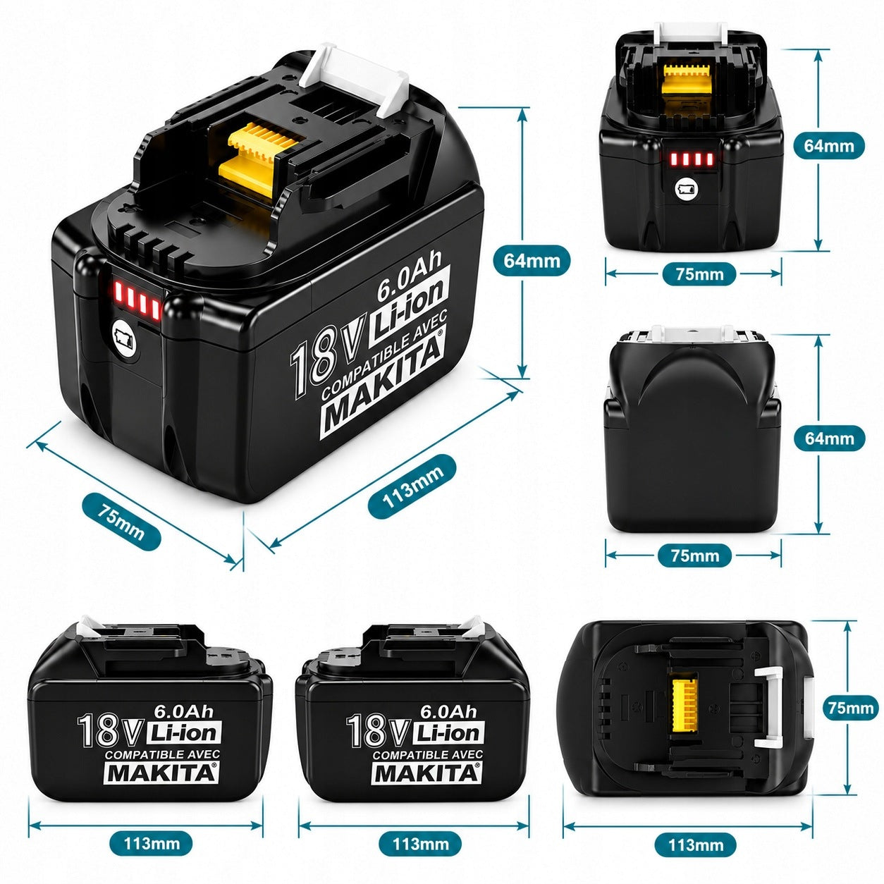 18V 6Ah Li-ion Battery Compatible with Makita LXT BL1830 BL1850 BL1860 Manufacturer code MT-18V-6.0Ah-1
