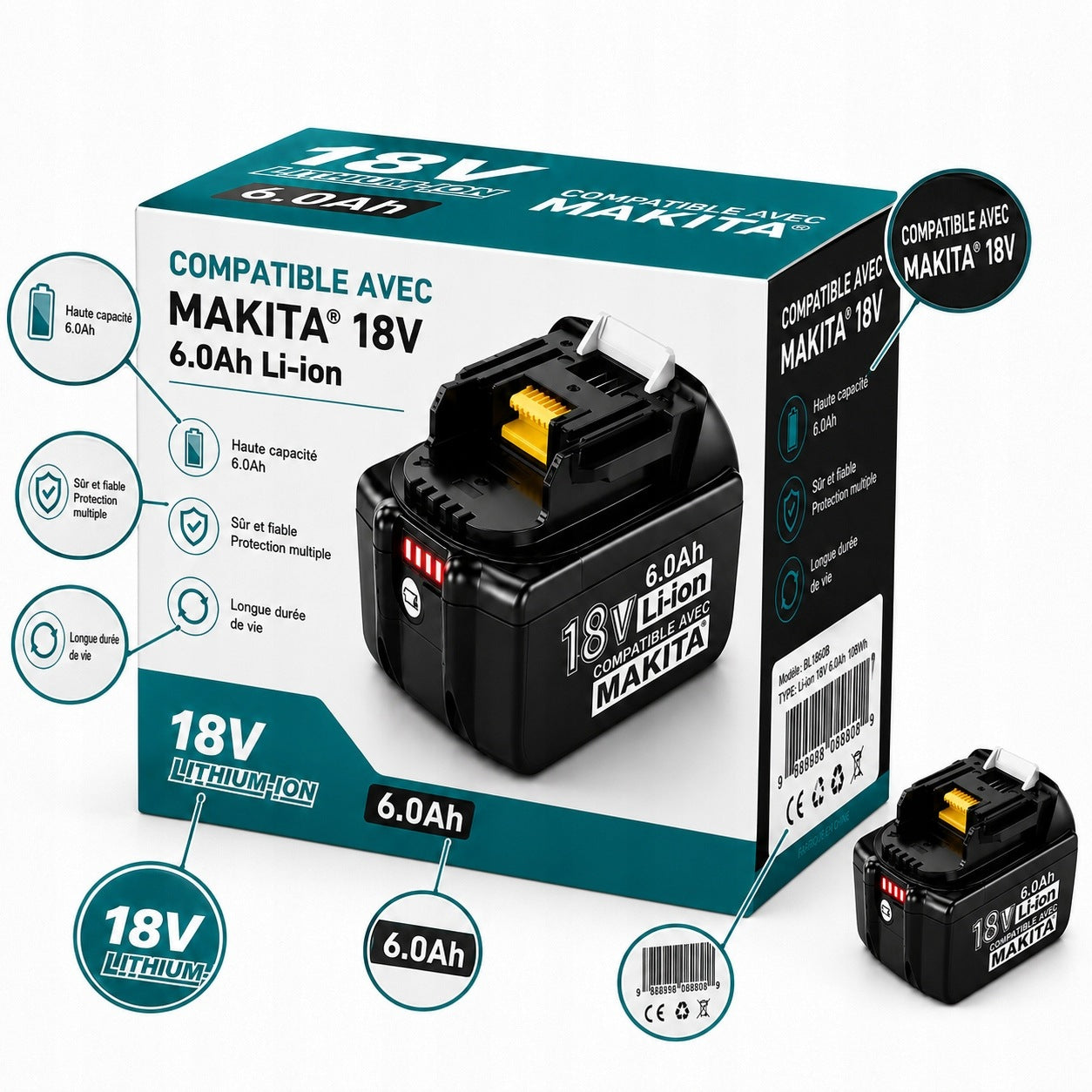18V 6Ah Li-ion Battery Compatible with Makita LXT BL1830 BL1850 BL1860