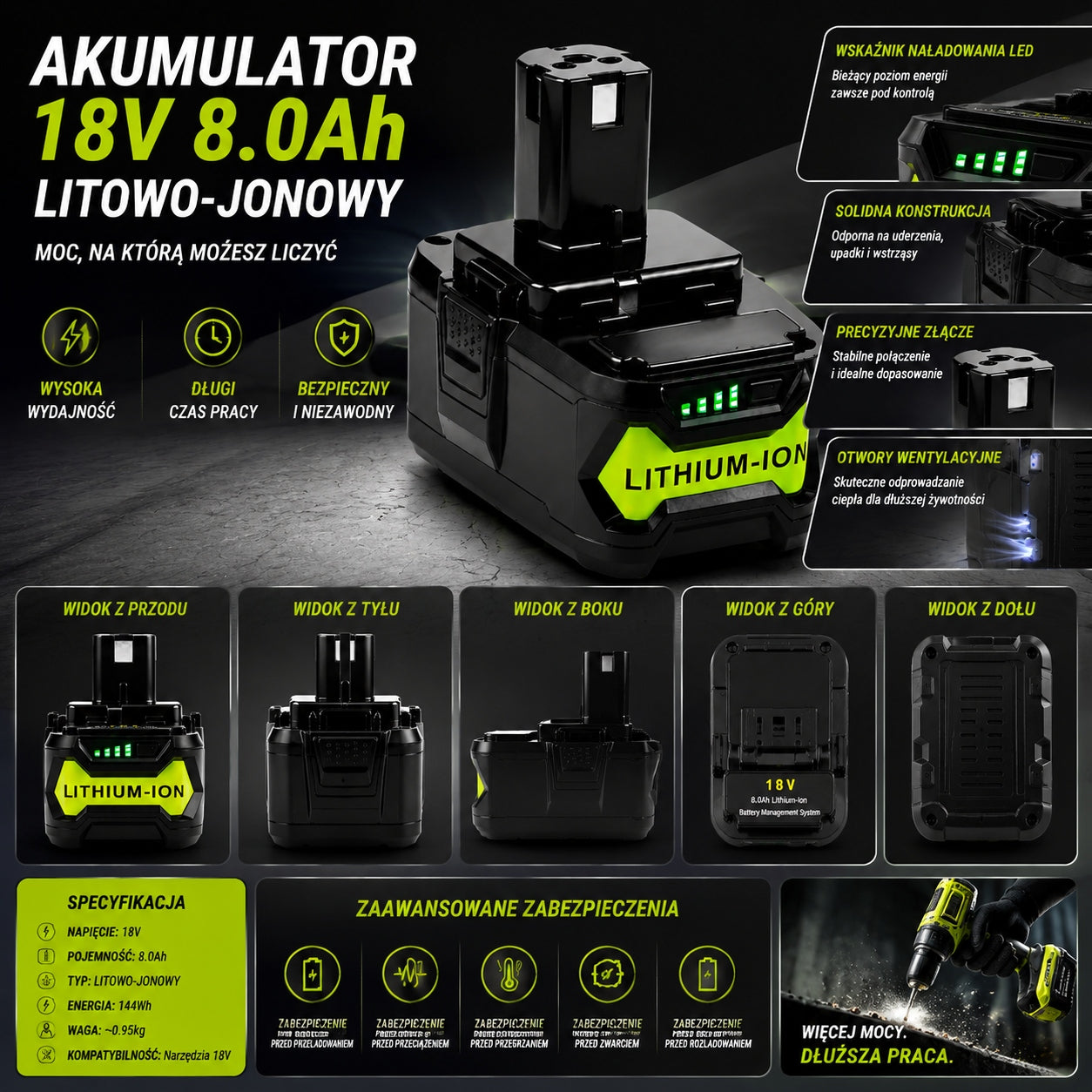 18V 8.0Ah Lithium-Ion Battery Replacement for Ryobi P102 P107 P108 Battery Brand no brand