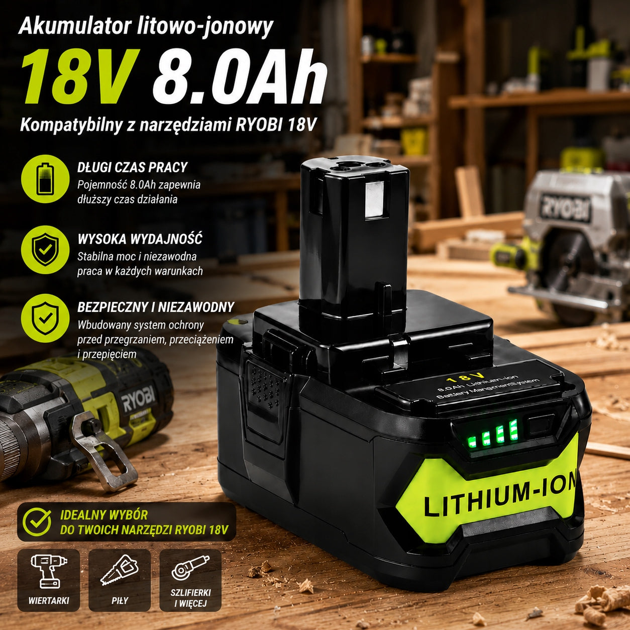 18V 8.0Ah Lithium-Ion Battery Replacement for Ryobi P102 P107 P108 Battery Manufacturer code R-18V-8.0Ah-1