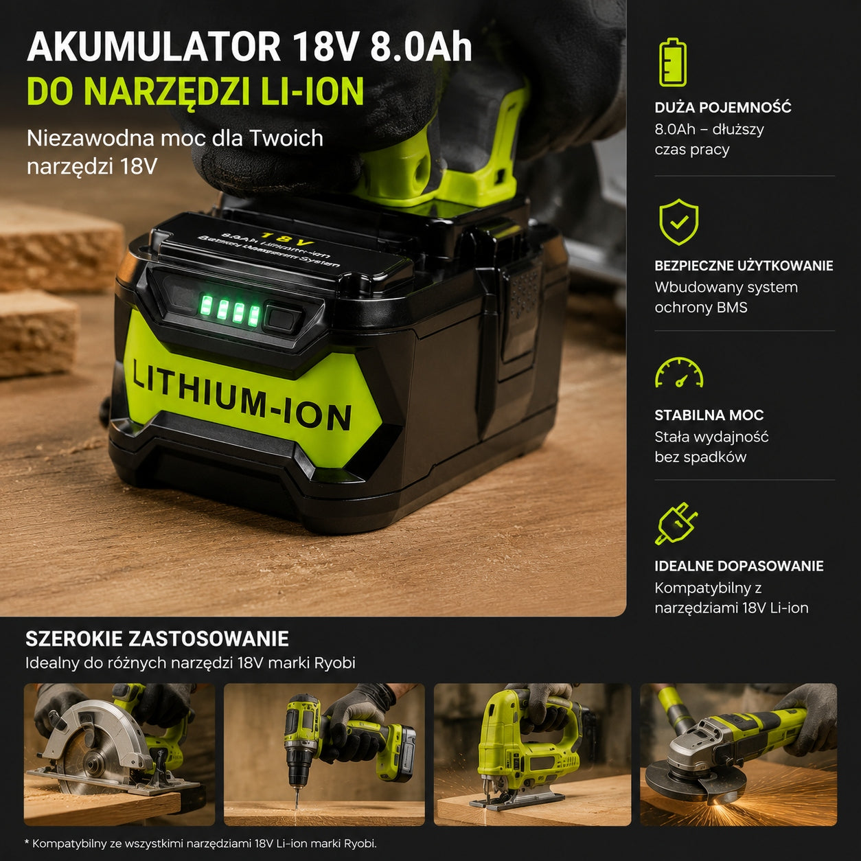 18V 8.0Ah Lithium-Ion Battery Replacement for Ryobi P102 P107 P108 Battery Voltage (V) 18 V