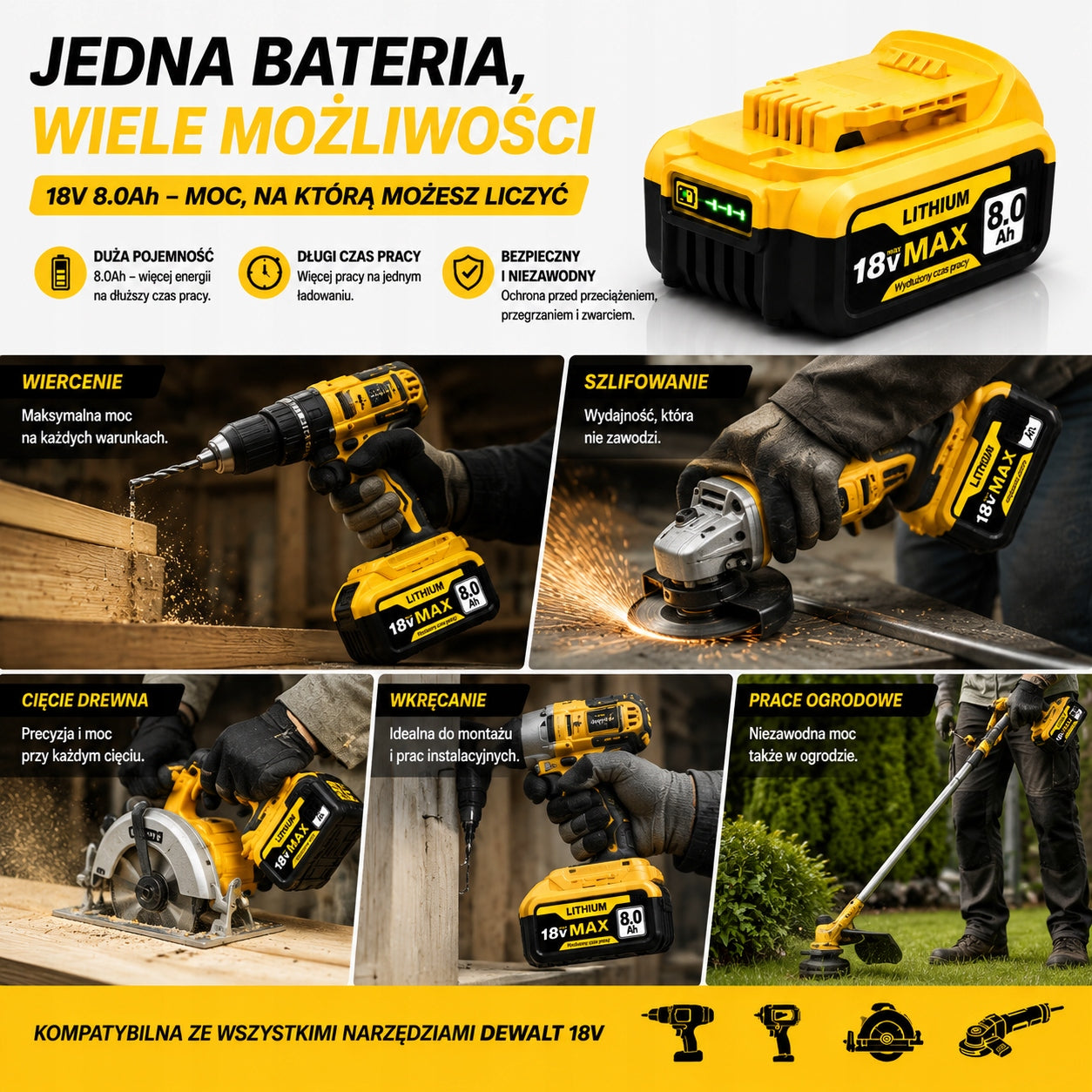 18V 8Ah XR Battery Replacement DCB182 DCB206 Dewalt High Capacity LED Battery capacity 8 Ah