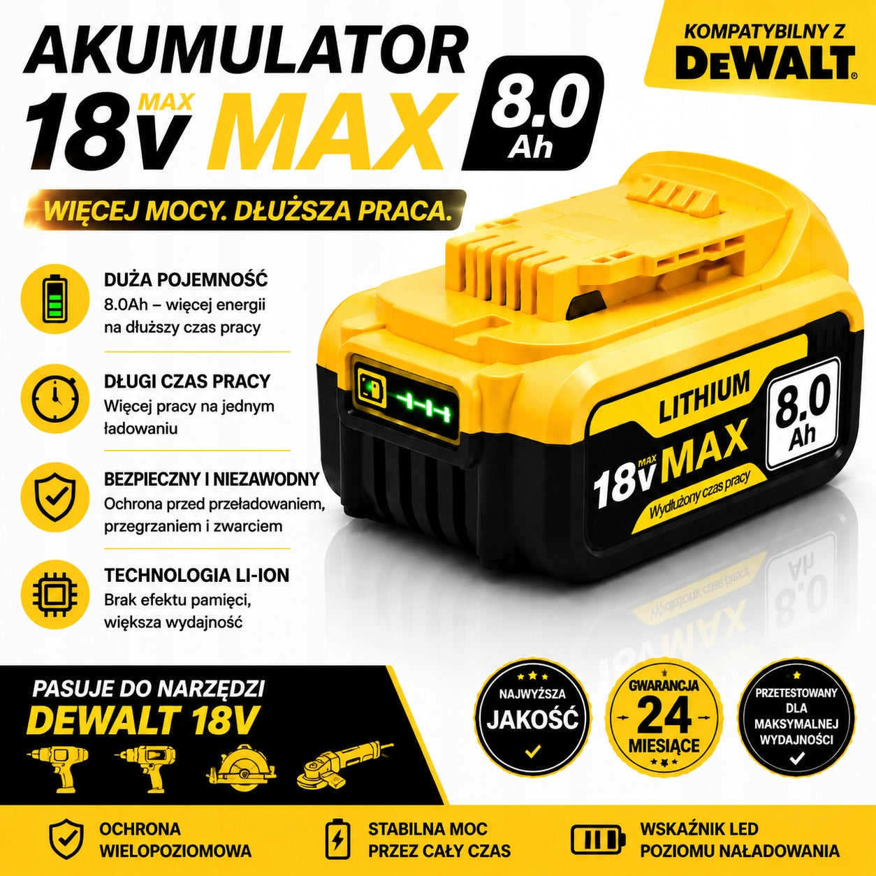 18V 8Ah XR Battery Replacement DCB182 DCB206 Dewalt High Capacity LED