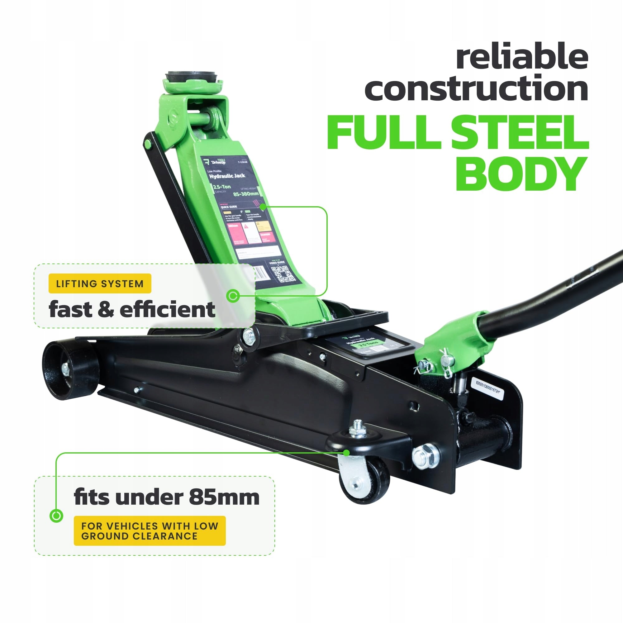 2,5-tonový nízkoprofilový hydraulický zdvihák s nosnosťou 3,35–15 palcov – Minimum lifting height 85 mm