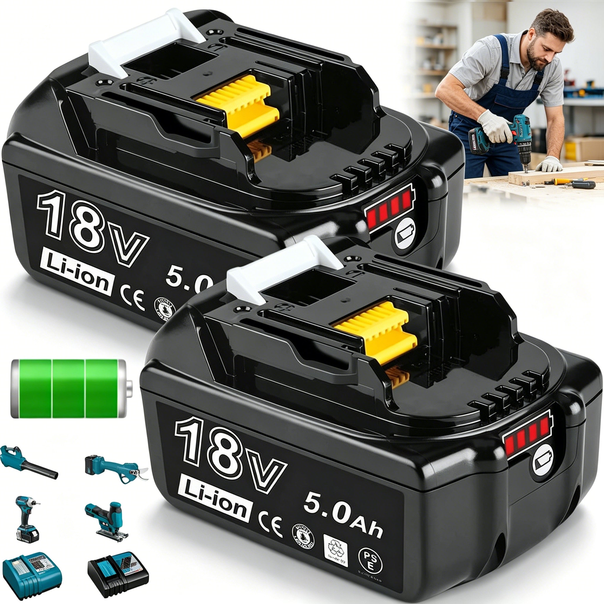 2 PCS 18V 5 AH LI-ION BATTERY FOR MAKIT BL1830 BL1835 HIGH QUALITY WITH LED