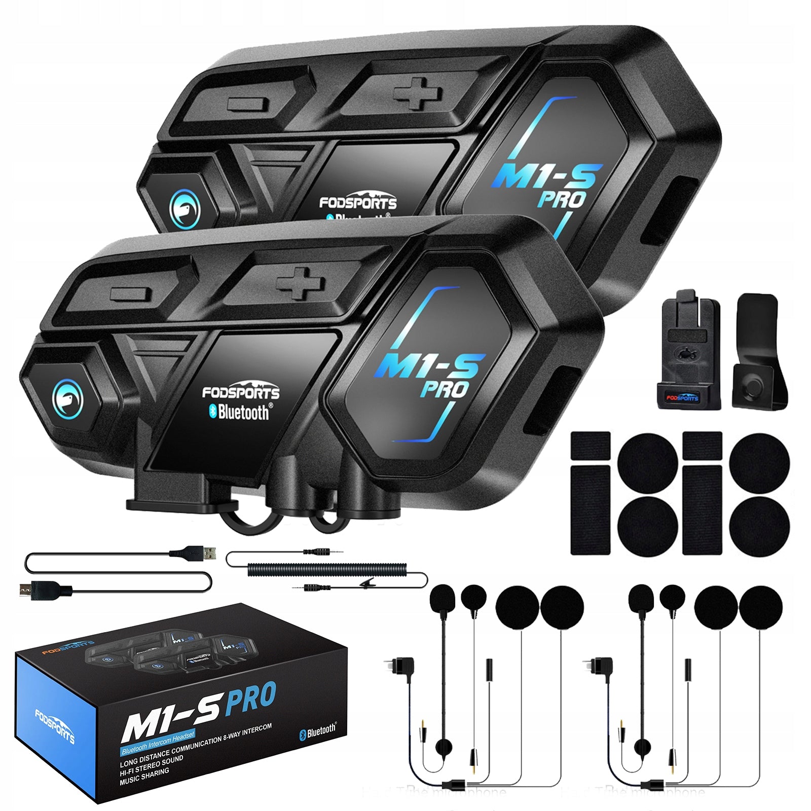 2 PCS MOTORCYCLE INTERCOM Fodsports M1S-Pro,for 8 people,1200m,APP Connect
