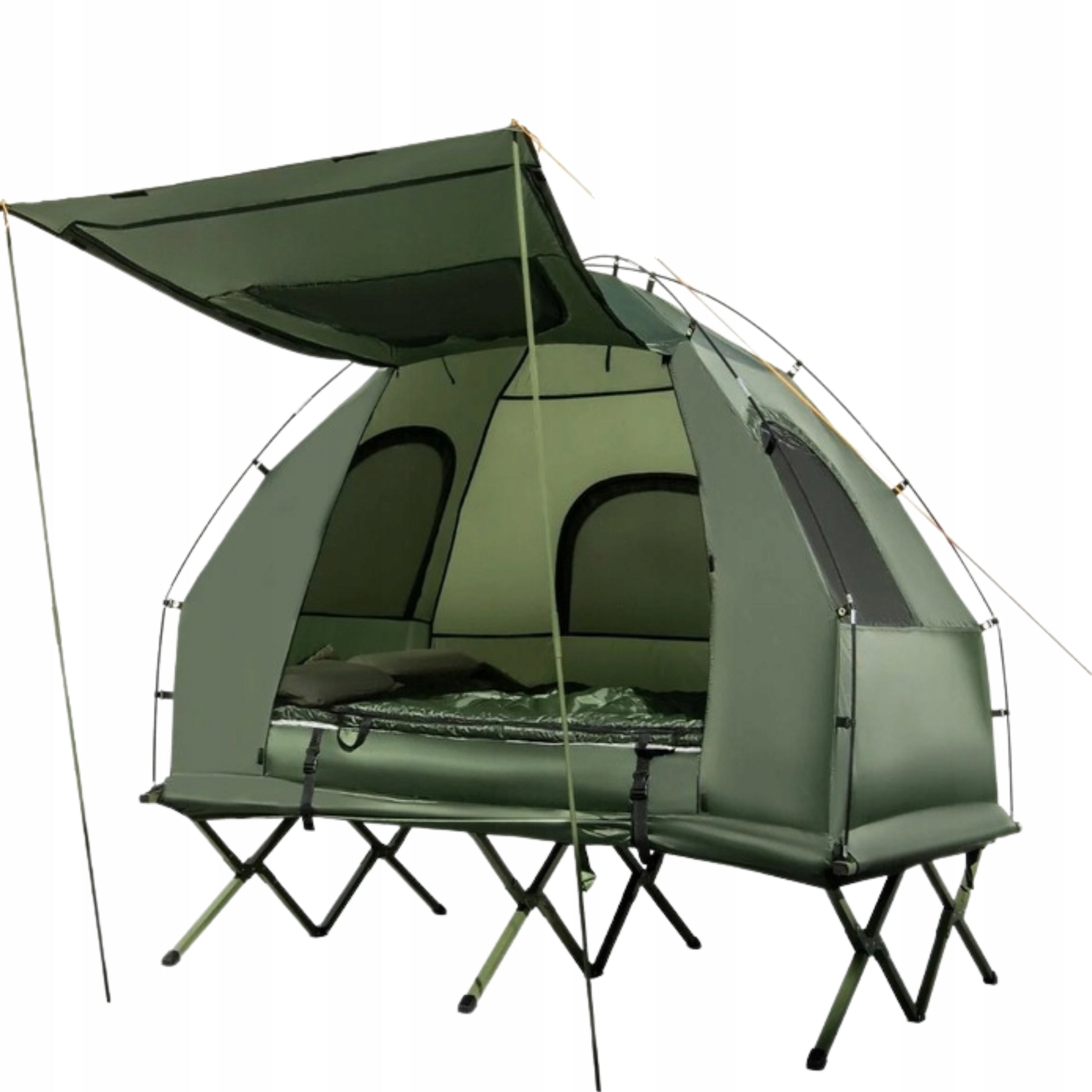 2-Person Camping Tourist Tent with Inflatable Mattress on Frame Color green