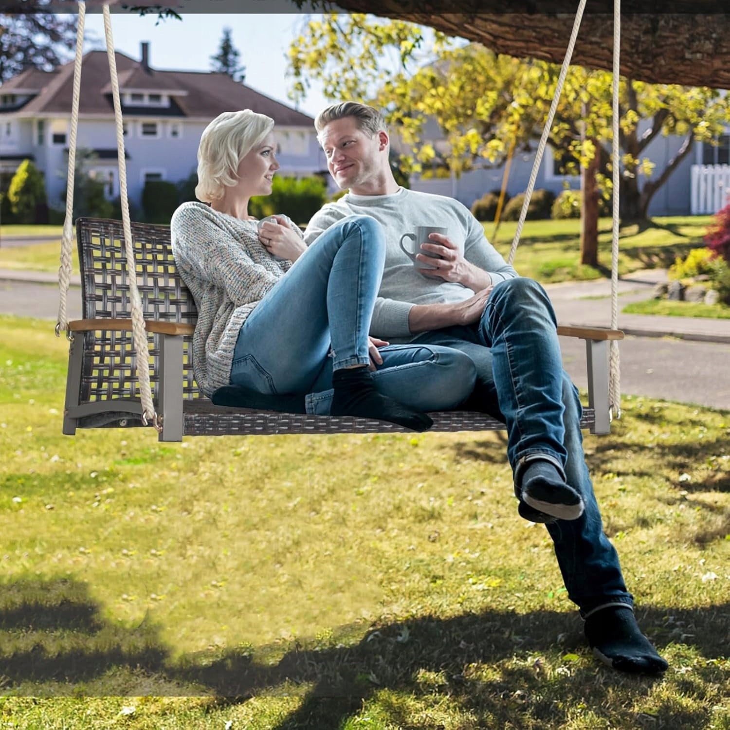 2 SEATER GARDEN SWING 360 KG PE RATTAN BENCH WITH ROPES + FREEBIE Kind hanging