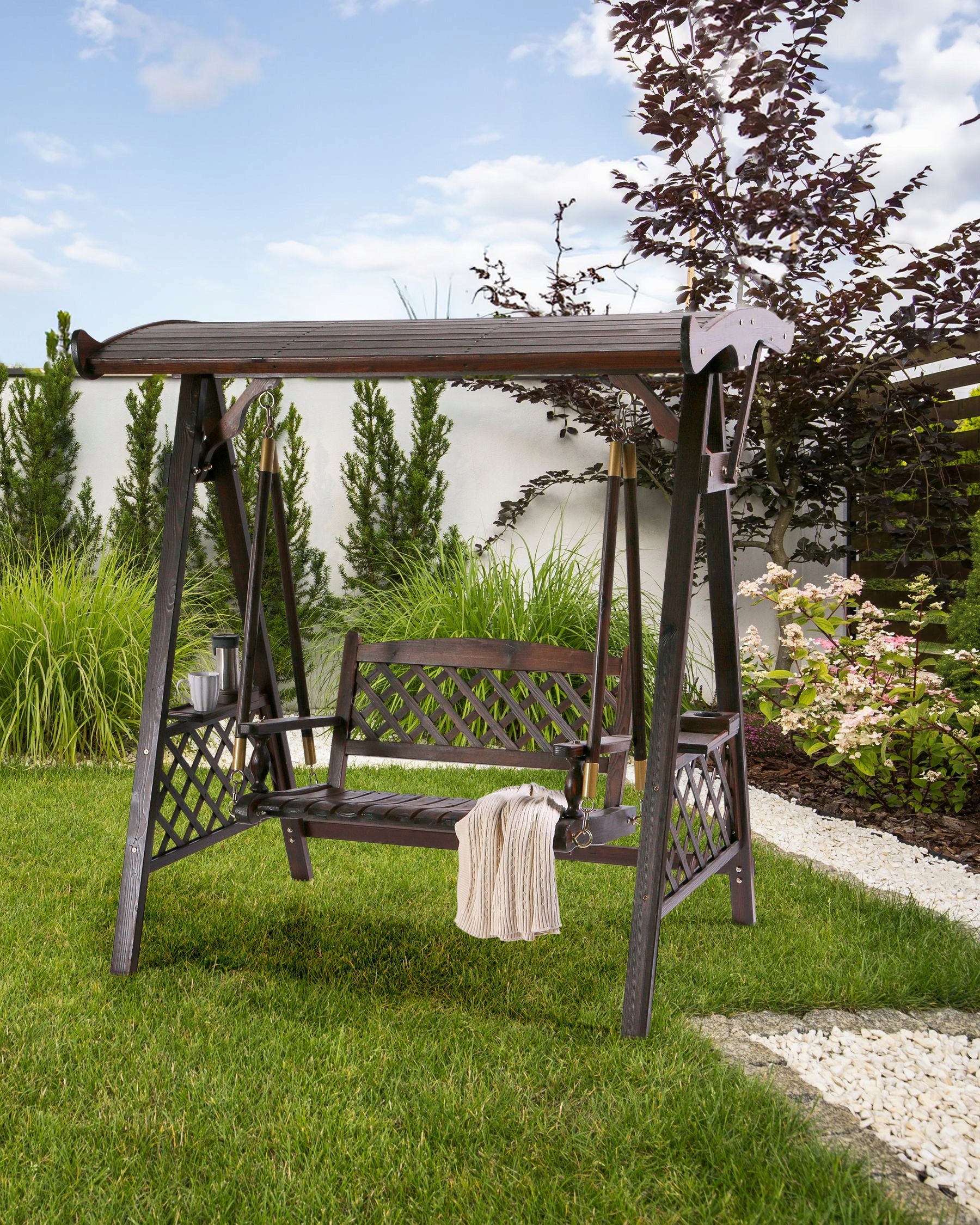 2 Seater Garden Swing with Canopy Dark Wood Packaging status original