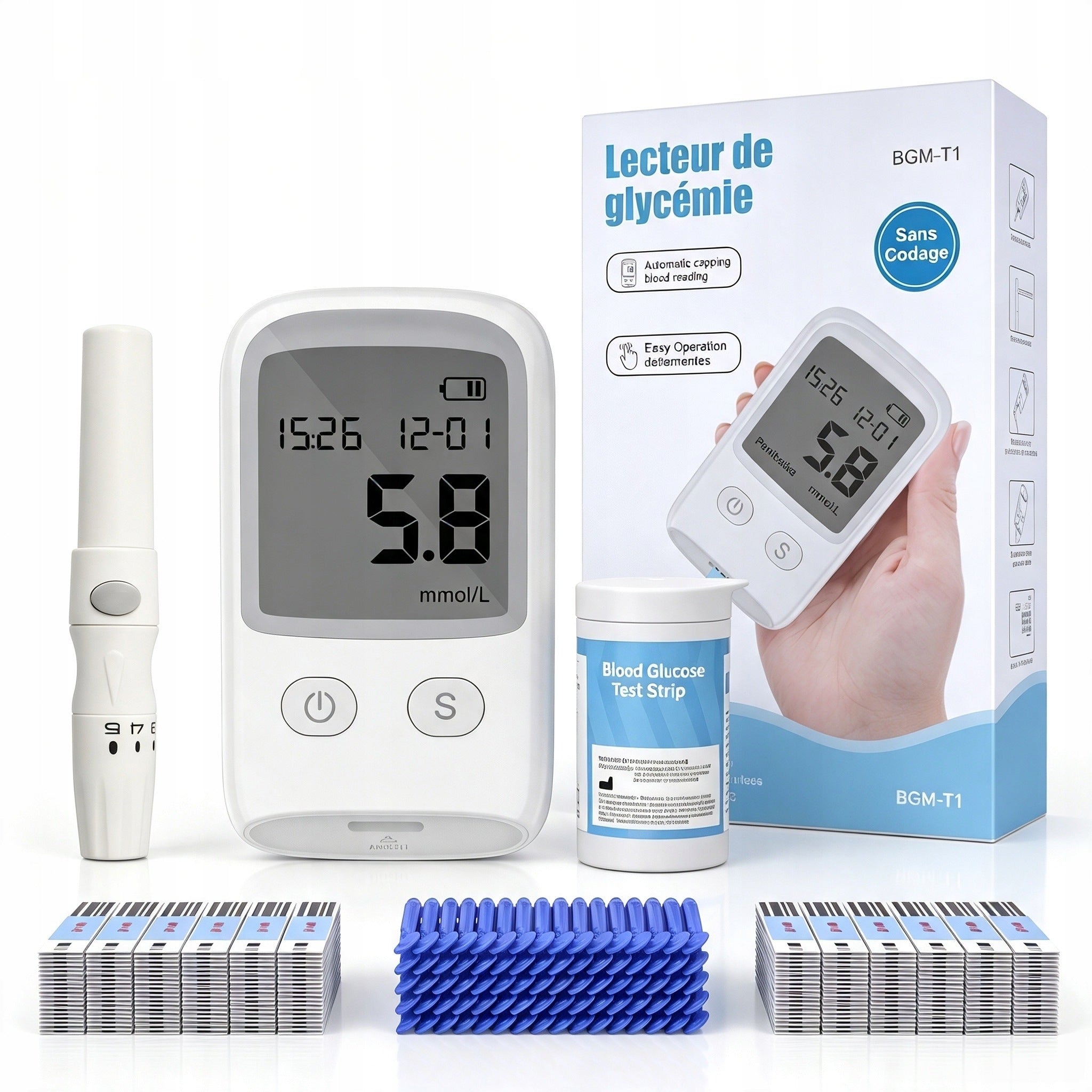 2-in-1 Blood Glucose Meter Set with 50 Test Strips, 50 Lancets Lancing Pen