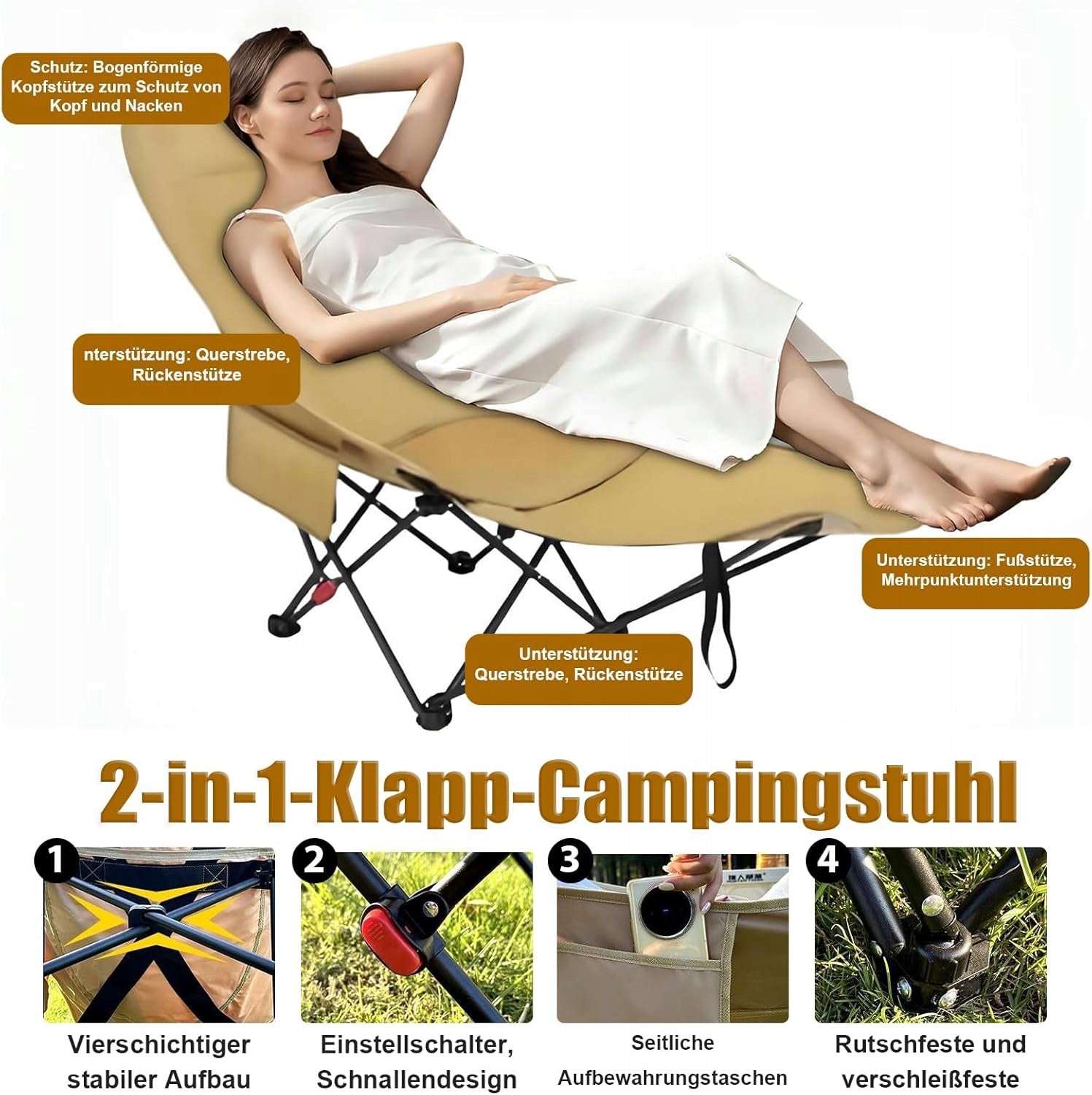 2-in-1 Camping Chair, Folding, Beach Chair with Adjustable Backrest Color blue