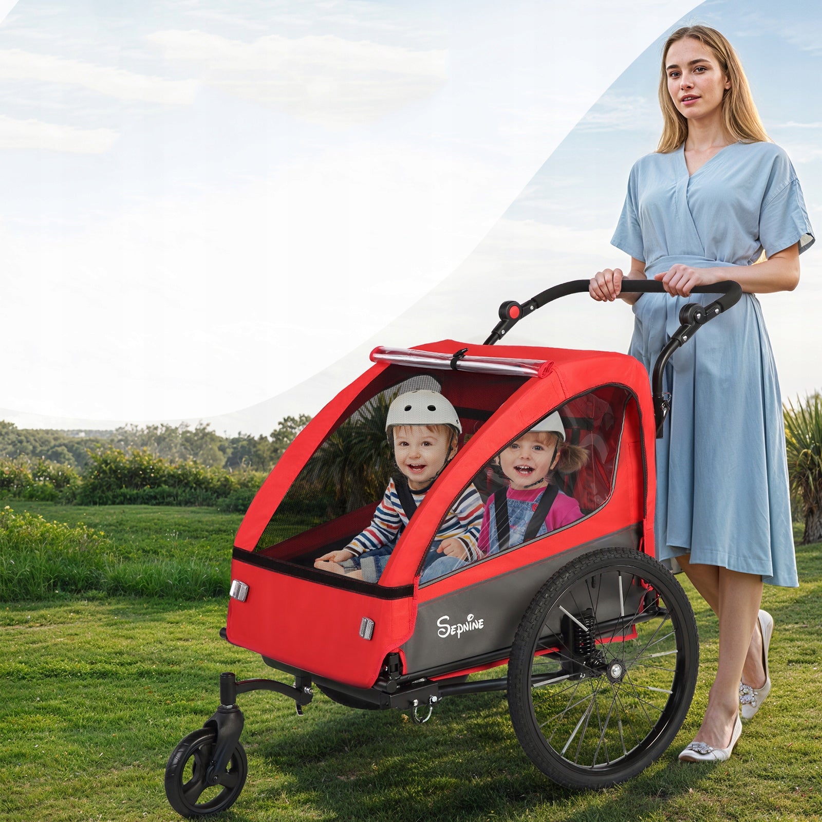 2-in-1 Children's Bicycle Trailer for 2-Seater Bicycles, SUSPENSION Maximum load 40 kg