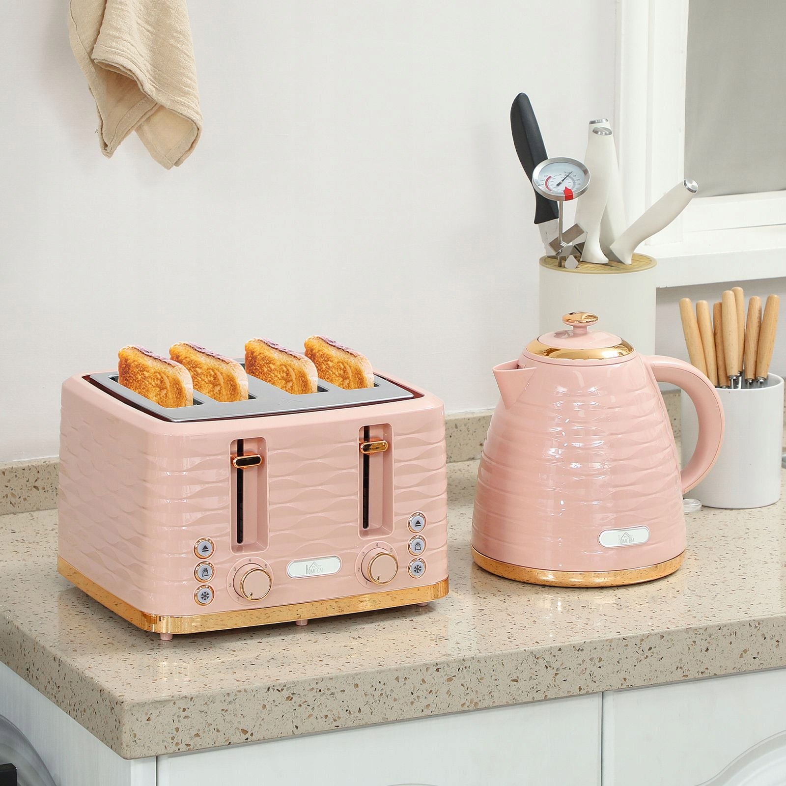 2-in-1 Set: Toaster and Kettle, 7 Levels, Pink Dominant color red