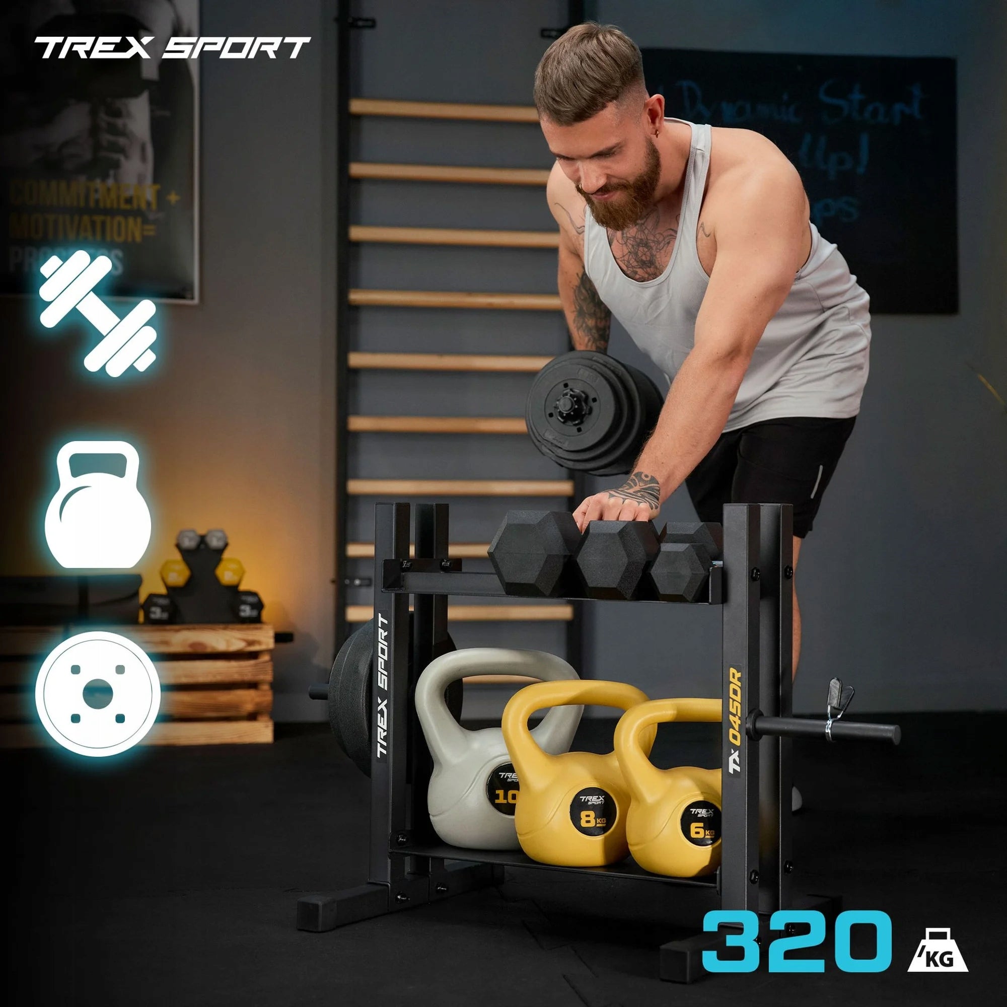 2-level dumbbell rack for heavy duty plates strong 320 kg Trex Sport Type one piece