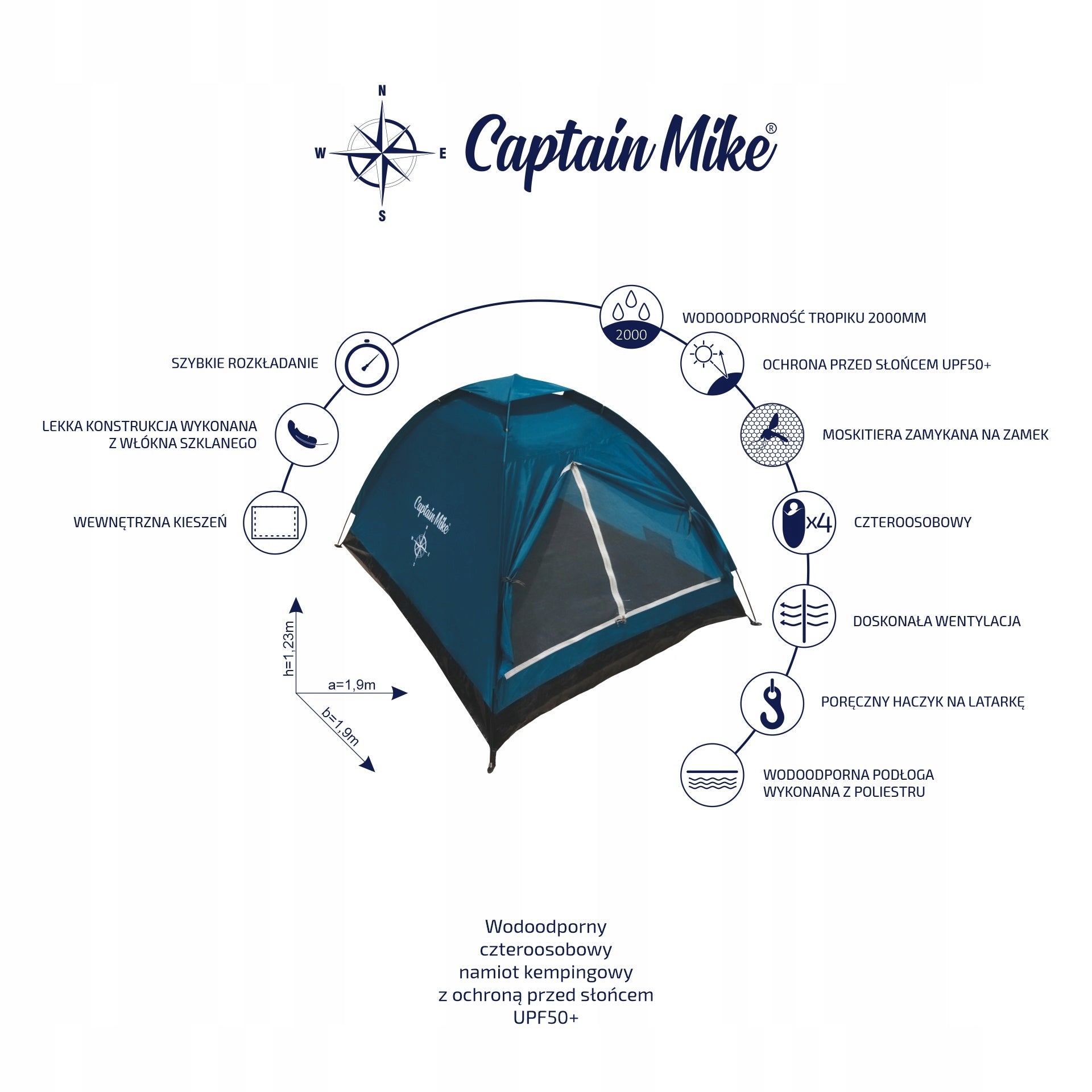 2-person camping tent 200x140x100 cm UPF50+ Captain Mike Waterproofness other
