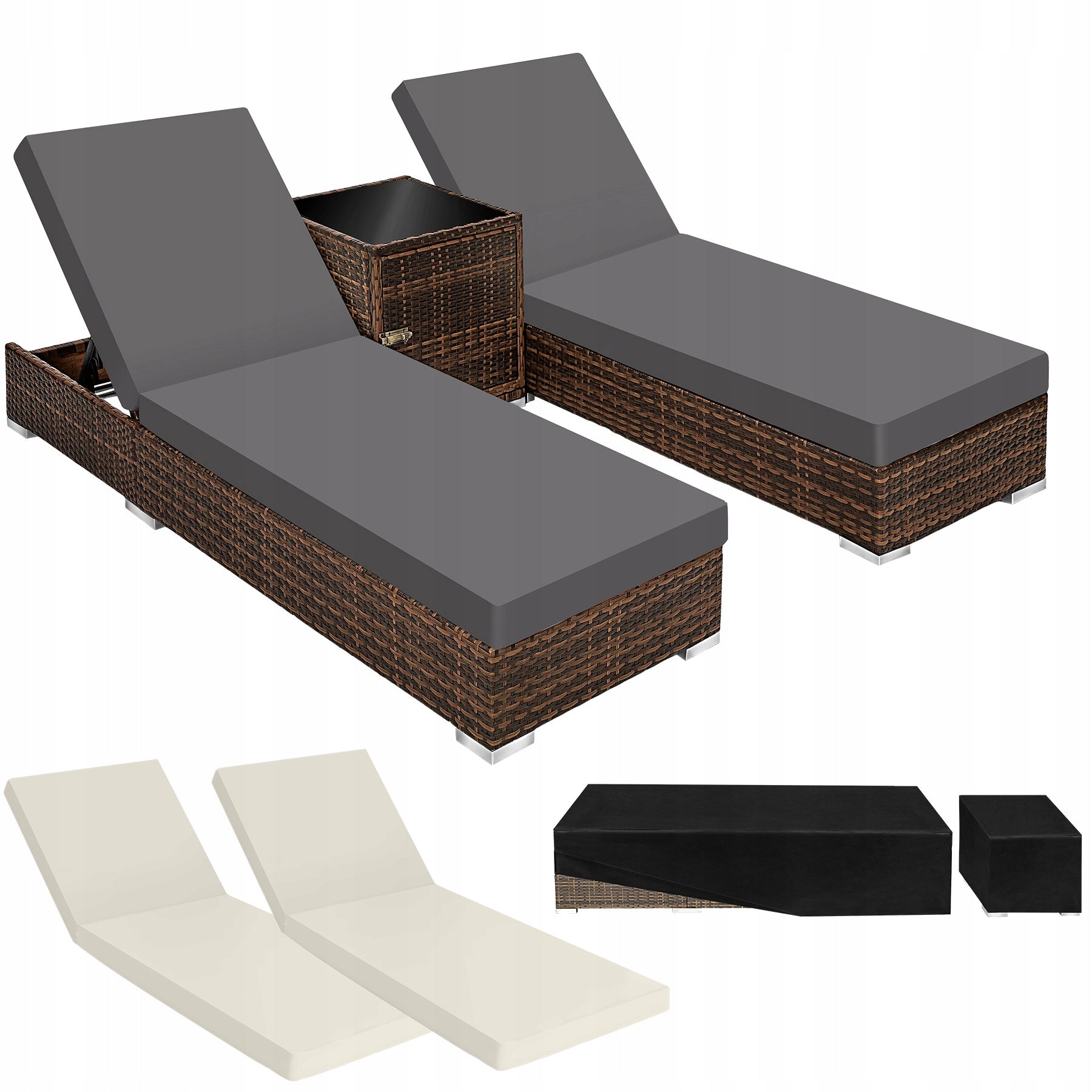 2 rattan deck chairs with aluminum frame and table, including cover
