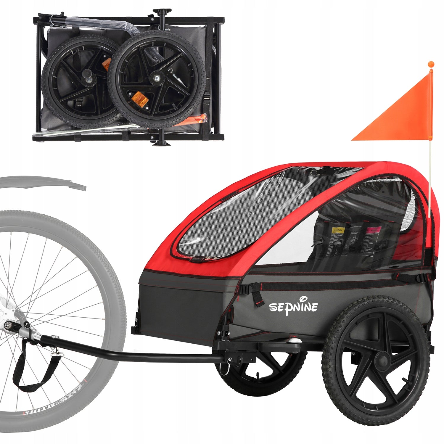 2 seat with 5-point belt Bicycle trailer for children up to 40kg Model Sepnine BT609-RED 730654475144