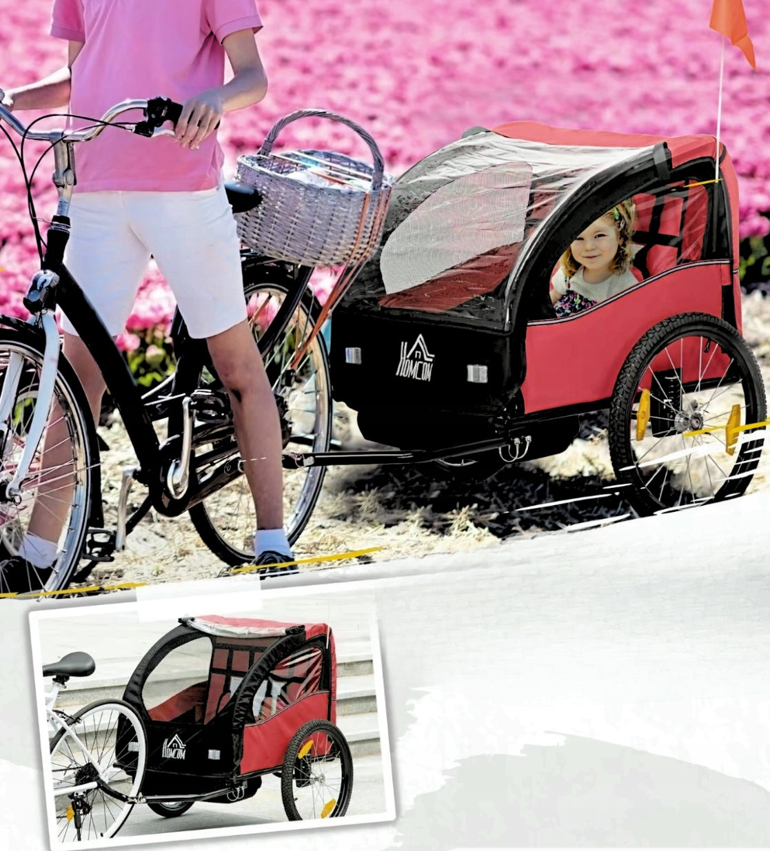 2-seater bicycle trailer for children – cushioned, transport trolley Color red