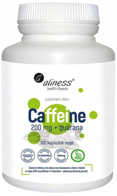 2 x Aliness Caffeine 200mg + guarana 100 kaps vege Concentration Stimulation Expiration date at least 1 year from the date of purchase