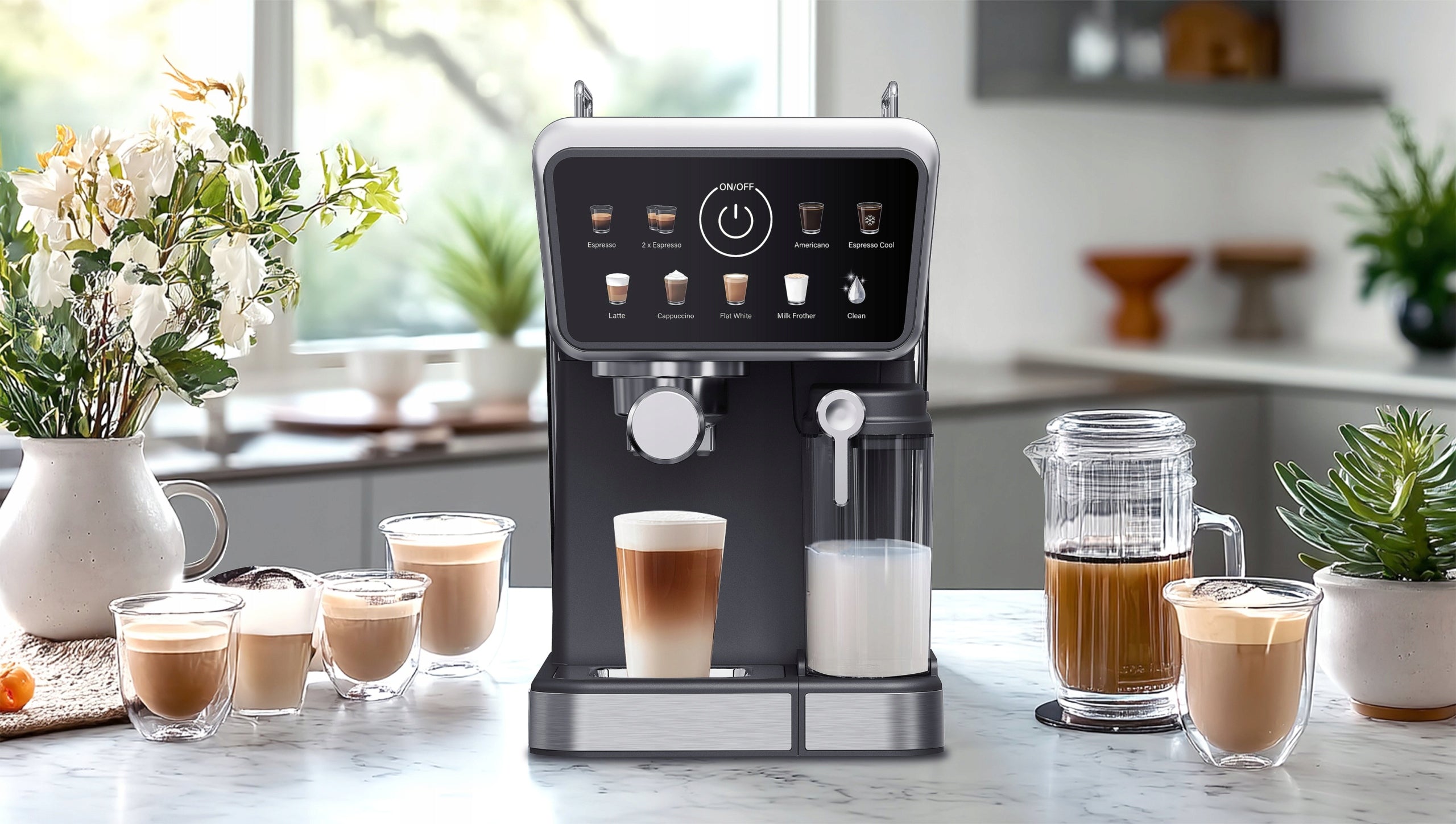 20 BAR 1350W AUTOMATIC FLASK COFFEE MAKER + FROTHER Manufacturer code L_68-502
