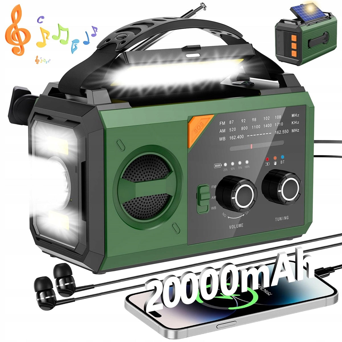 20000mAh Bluetooth 5.3 Emergency Radio with Solar Panel and Crank