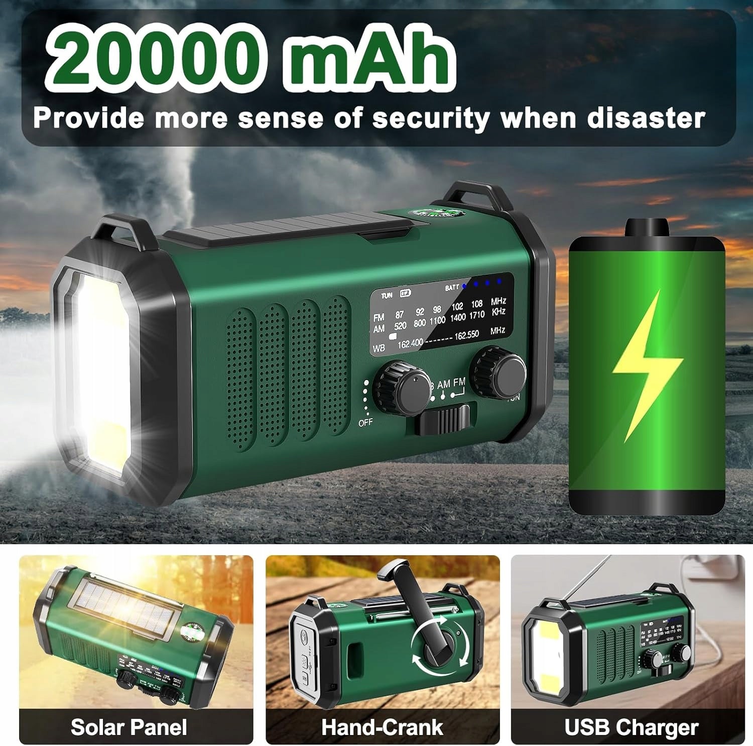 20000mAh Emergency Radio Solar Weather AM FM SOS with USB Charger and Brand PowerReg